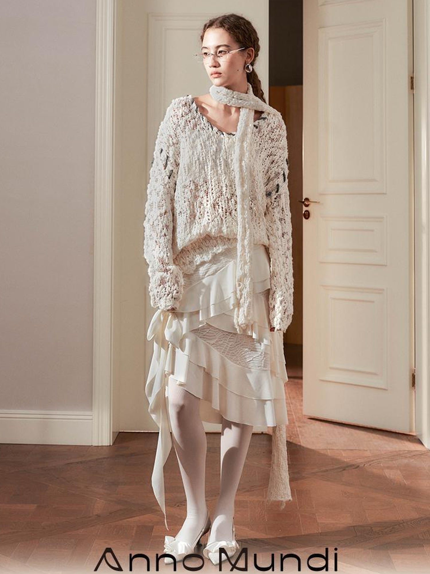 AnnoMundi Layered Lace Bow Tie Asymmetric Hem Skirt
