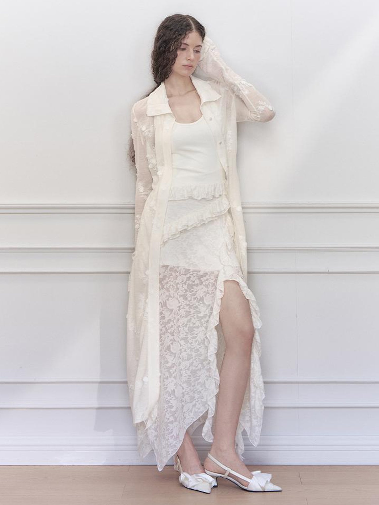 AnnoMundi Layered Lace High Neck Midi Dress with Asymmetric Hem