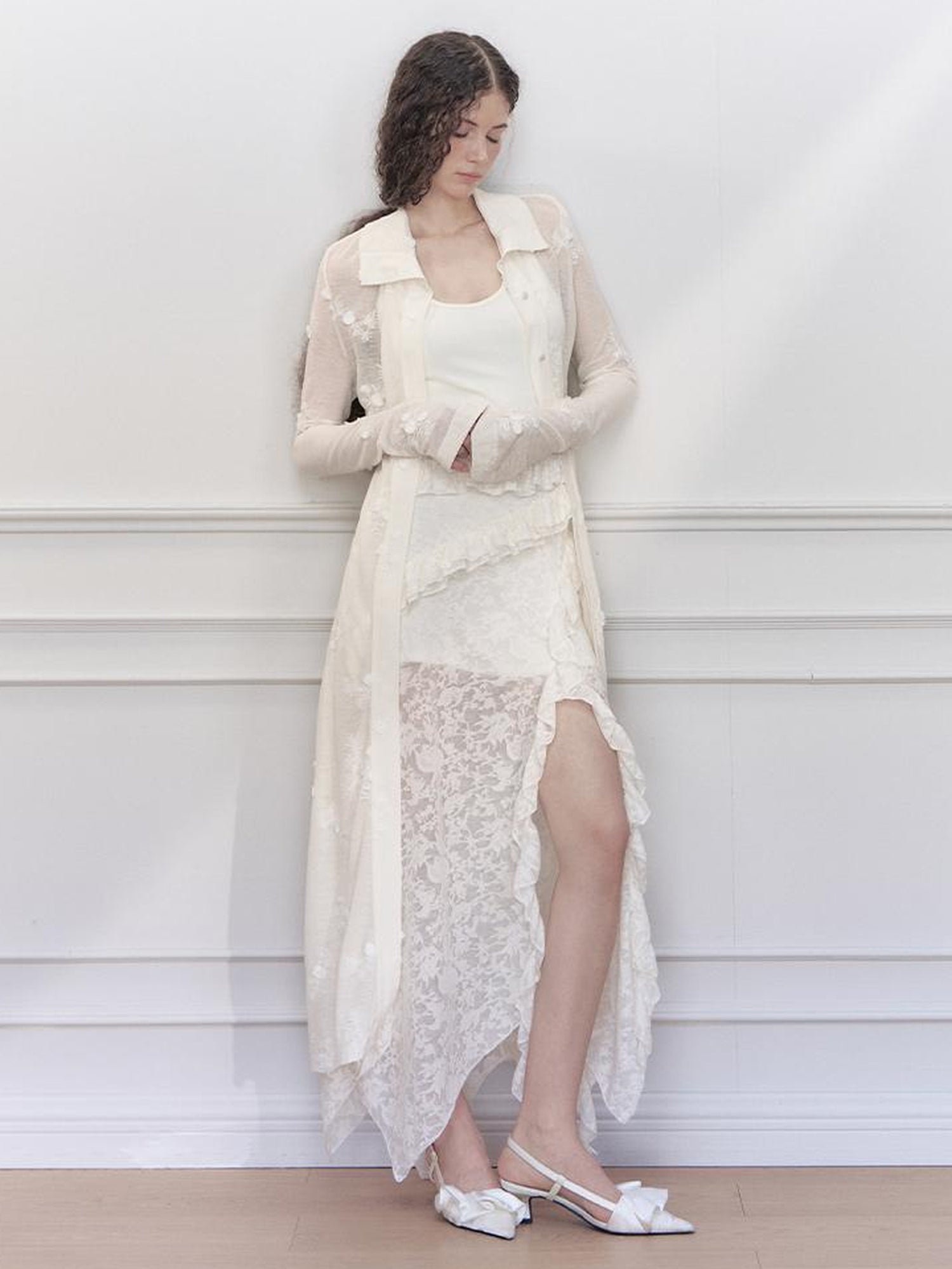 AnnoMundi Layered Lace High Neck Midi Dress with Asymmetric Hem