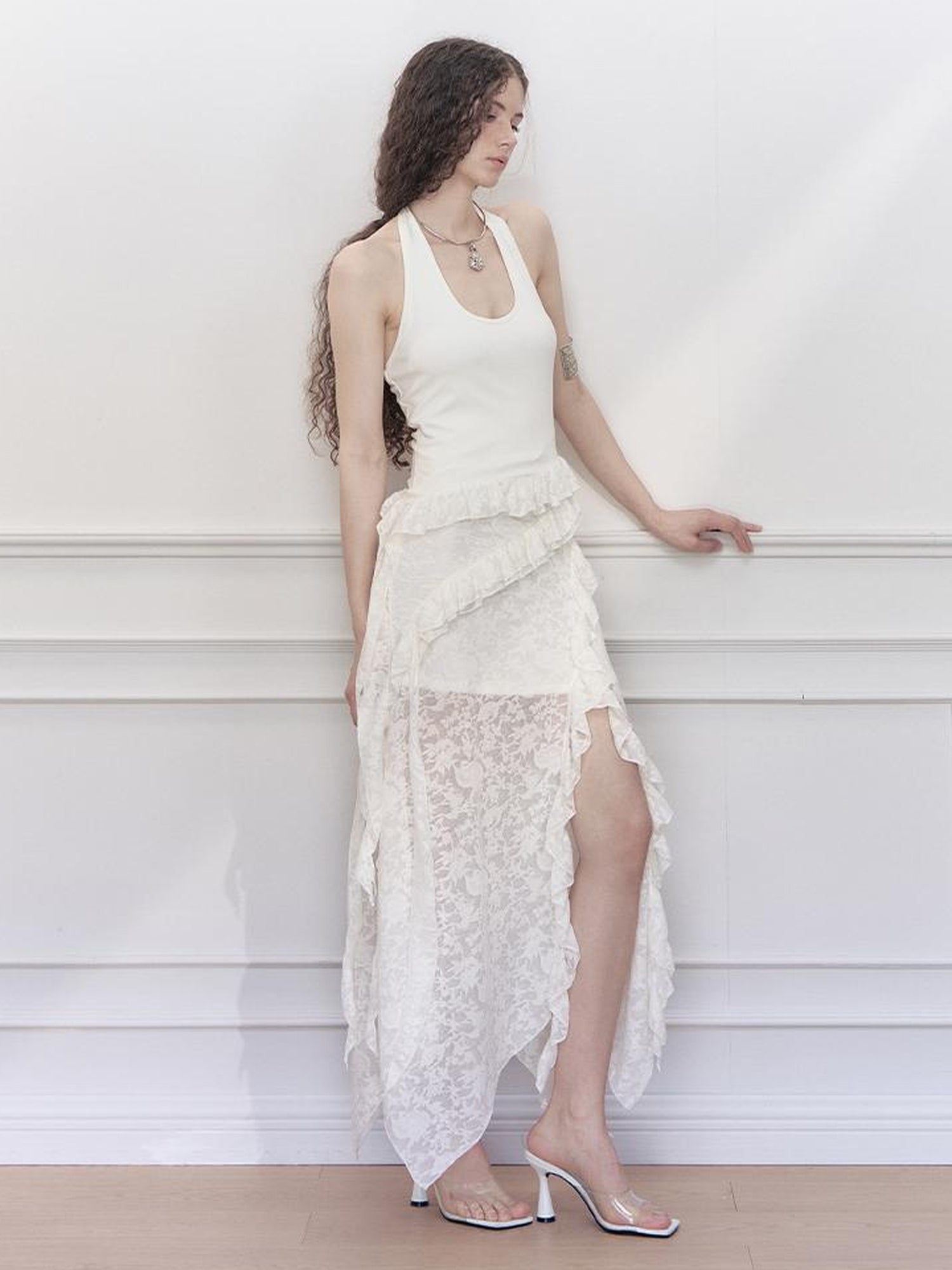 AnnoMundi Layered Lace High Neck Midi Dress with Asymmetric Hem