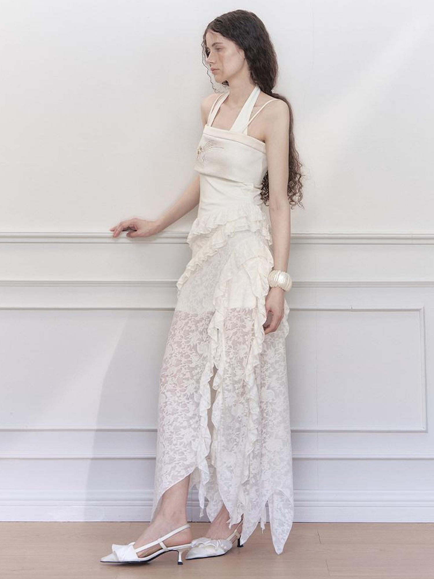AnnoMundi Layered Lace High Neck Midi Dress with Asymmetric Hem