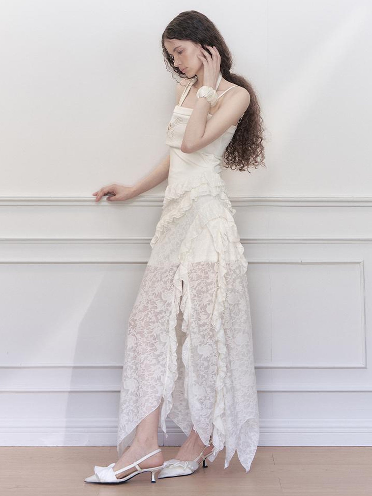 AnnoMundi Layered Lace High Neck Midi Dress with Asymmetric Hem