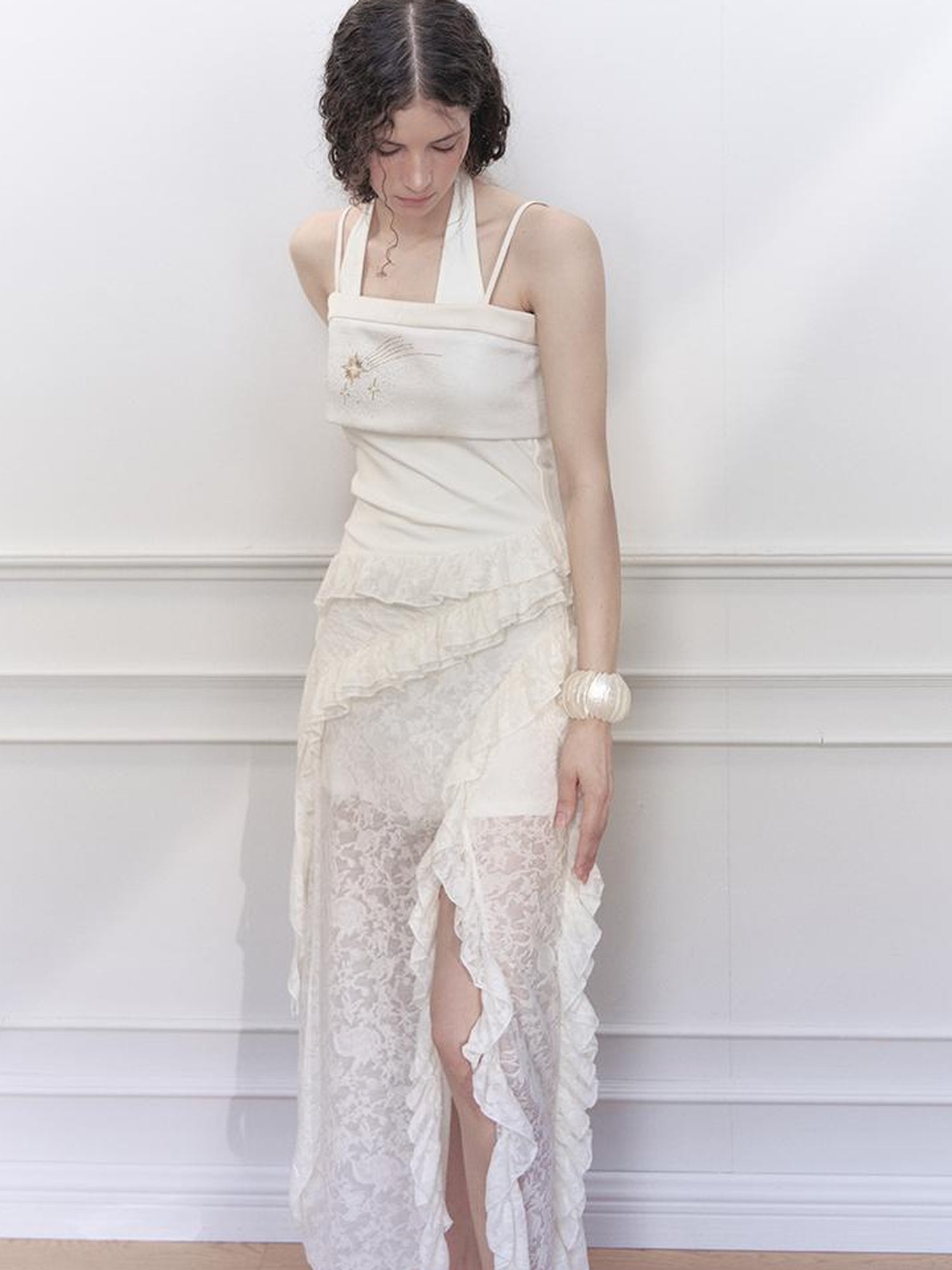 AnnoMundi Layered Lace High Neck Midi Dress with Asymmetric Hem