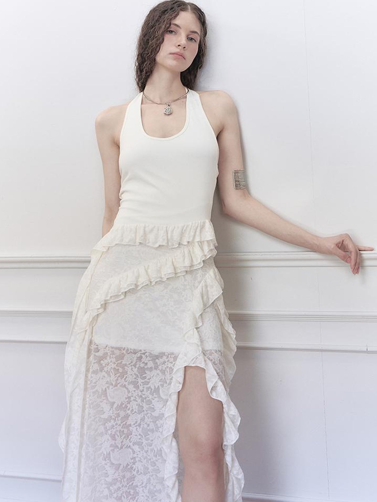 AnnoMundi Layered Lace High Neck Midi Dress with Asymmetric Hem