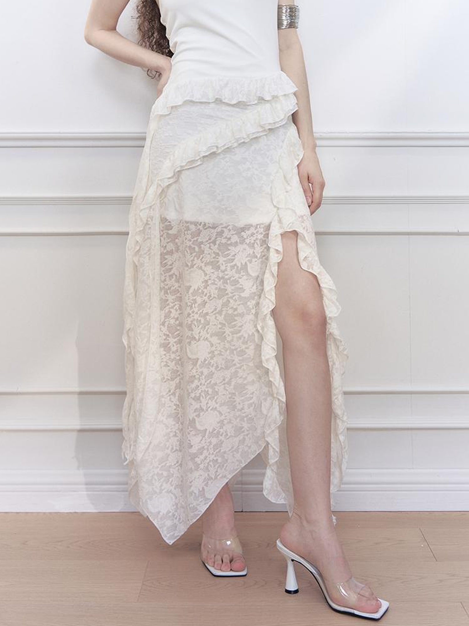 AnnoMundi Layered Lace High Neck Midi Dress with Asymmetric Hem