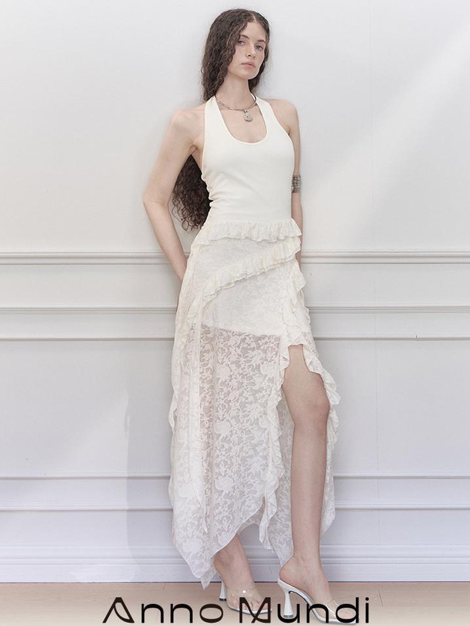 AnnoMundi Layered Lace High Neck Midi Dress with Asymmetric Hem