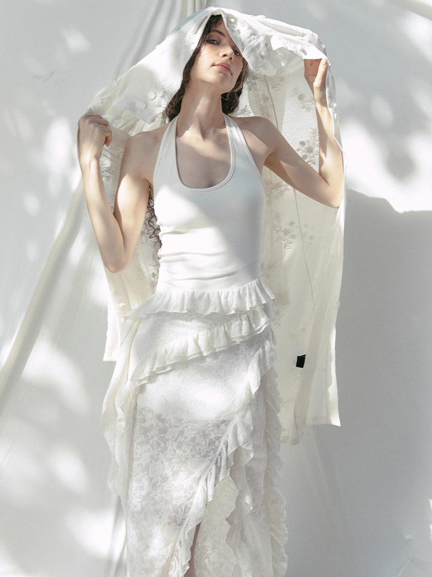 AnnoMundi Layered Lace High Neck Midi Dress with Asymmetric Hem