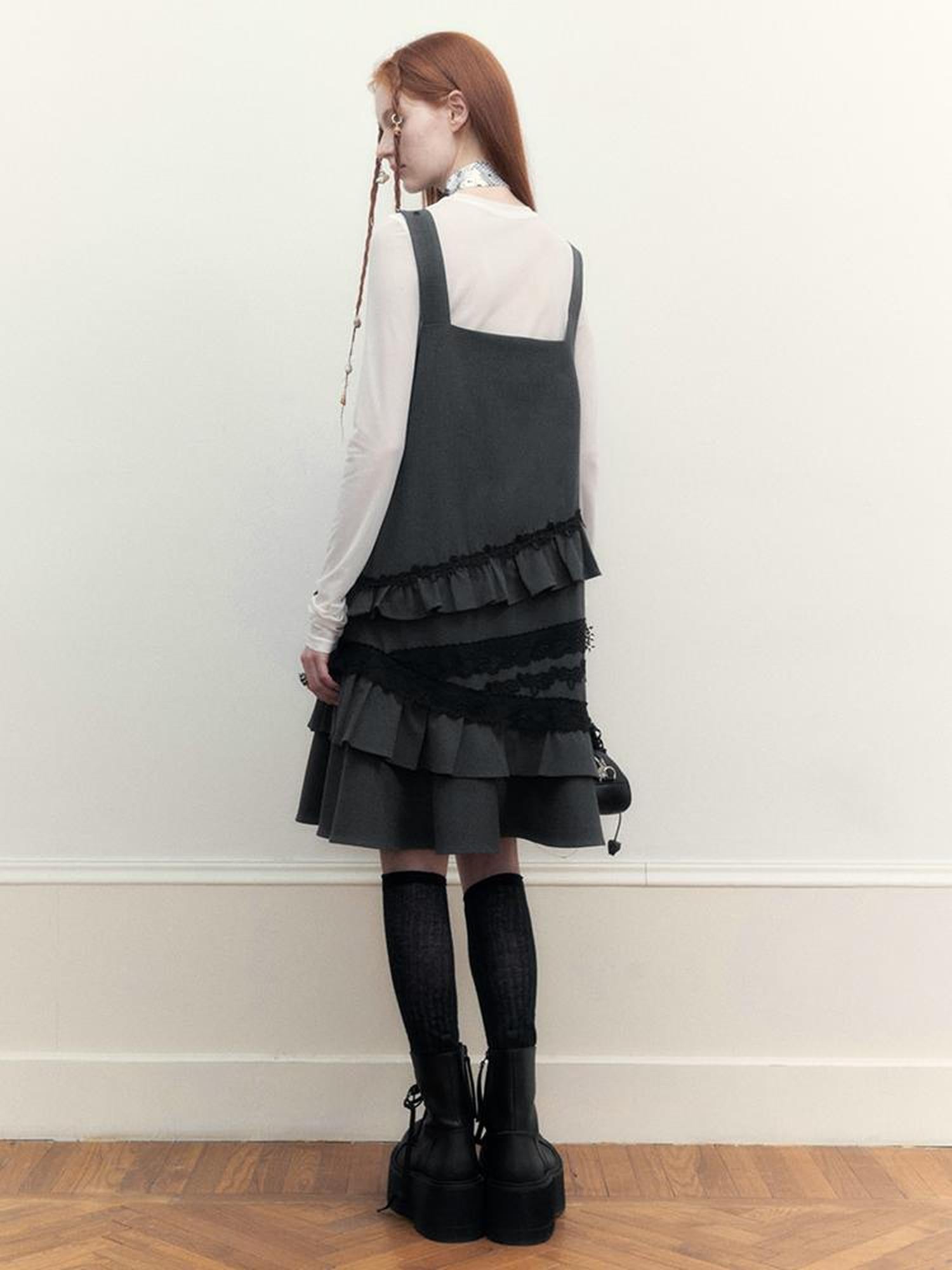 AnnoMundi Layered Lace Trim Adjustable Slip Dress V-Neck T-Shirt Long-Sleeve