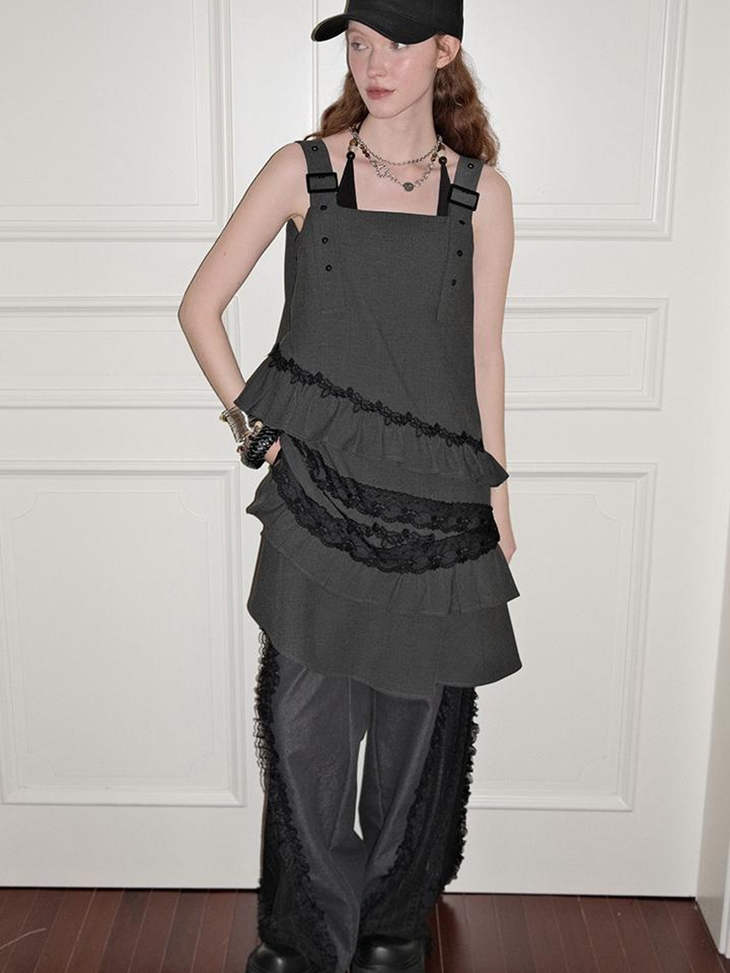 AnnoMundi Layered Lace Trim Adjustable Slip Dress V-Neck T-Shirt Long-Sleeve