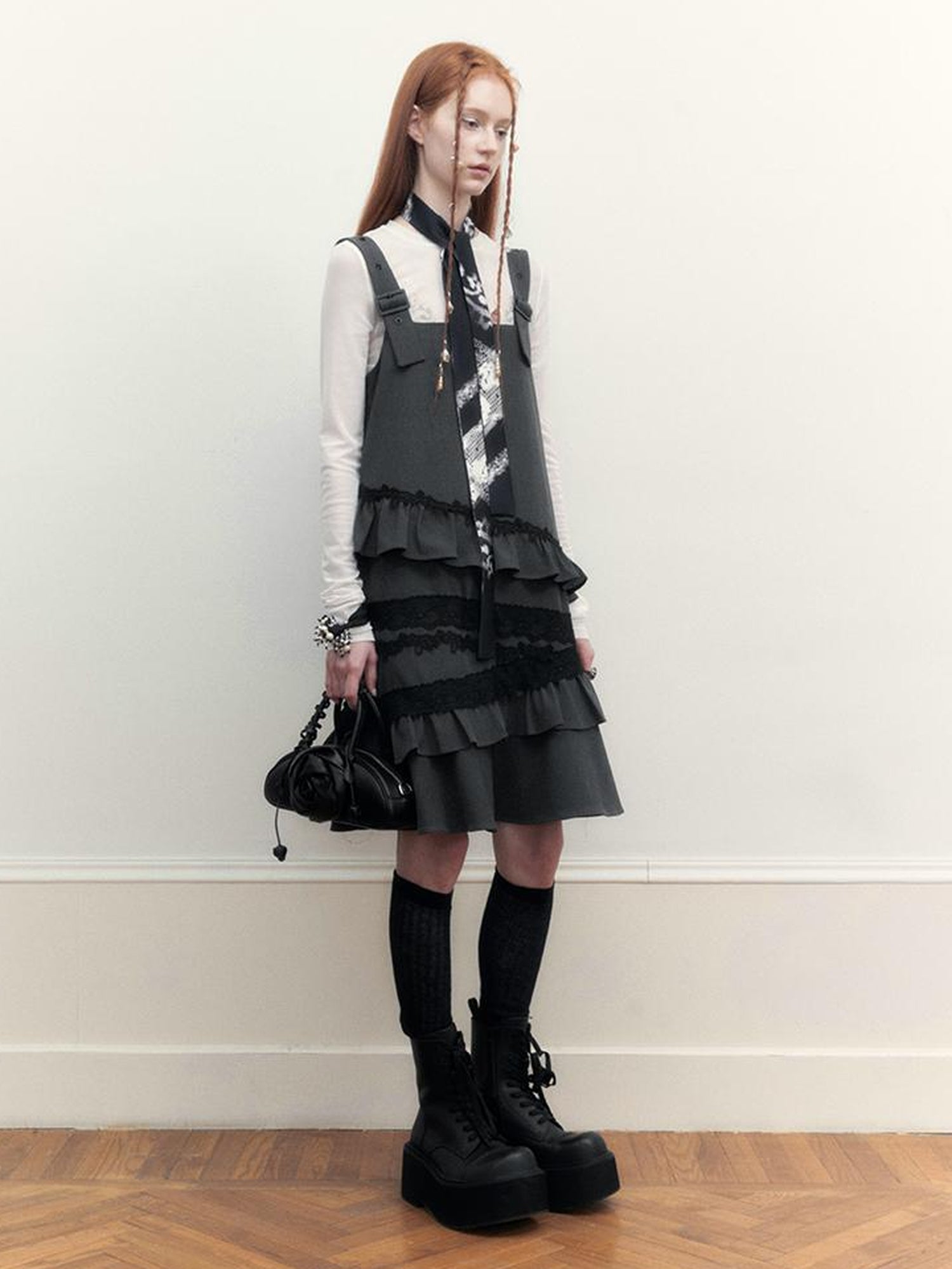 AnnoMundi Layered Lace Trim Adjustable Slip Dress V-Neck T-Shirt Long-Sleeve