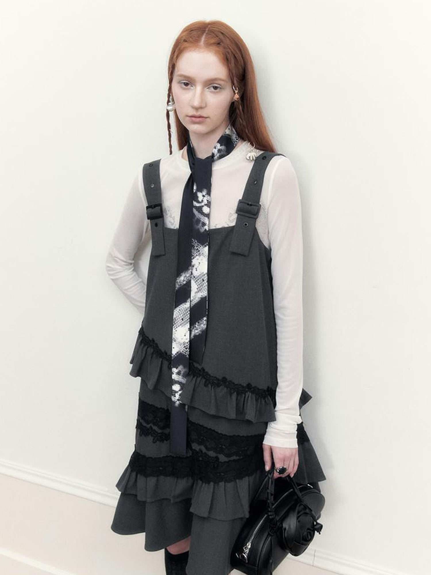 AnnoMundi Layered Lace Trim Adjustable Slip Dress V-Neck T-Shirt Long-Sleeve