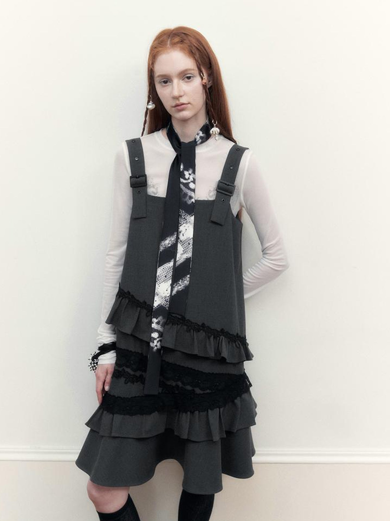 AnnoMundi Layered Lace Trim Adjustable Slip Dress V-Neck T-Shirt Long-Sleeve