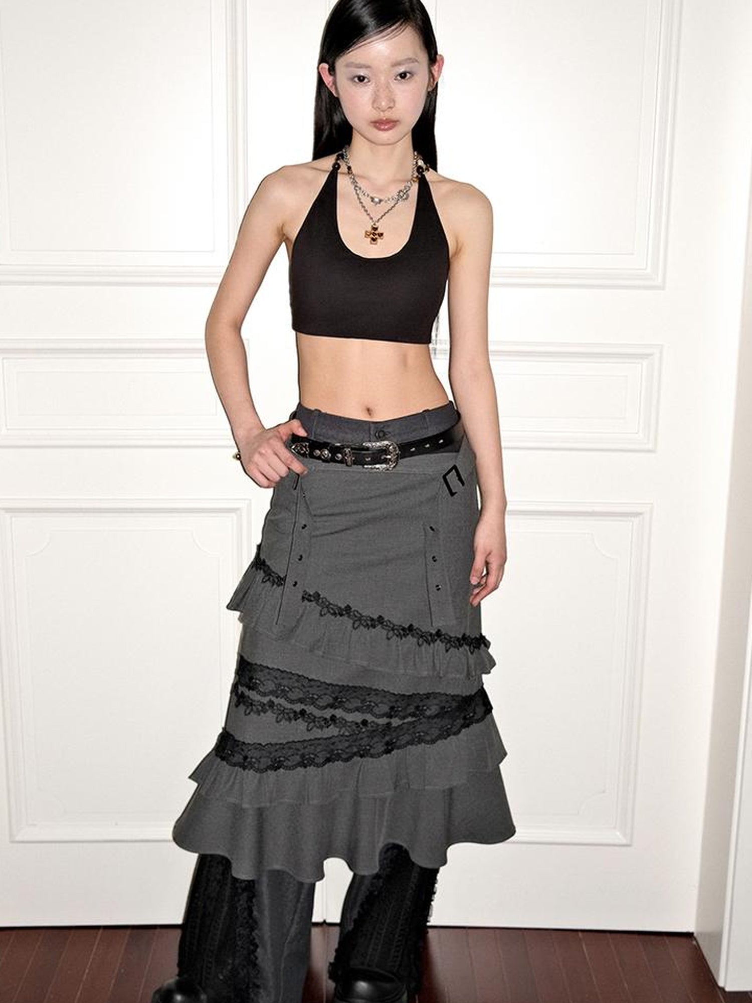 AnnoMundi Layered Lace Trim Adjustable Slip Dress V-Neck T-Shirt Long-Sleeve