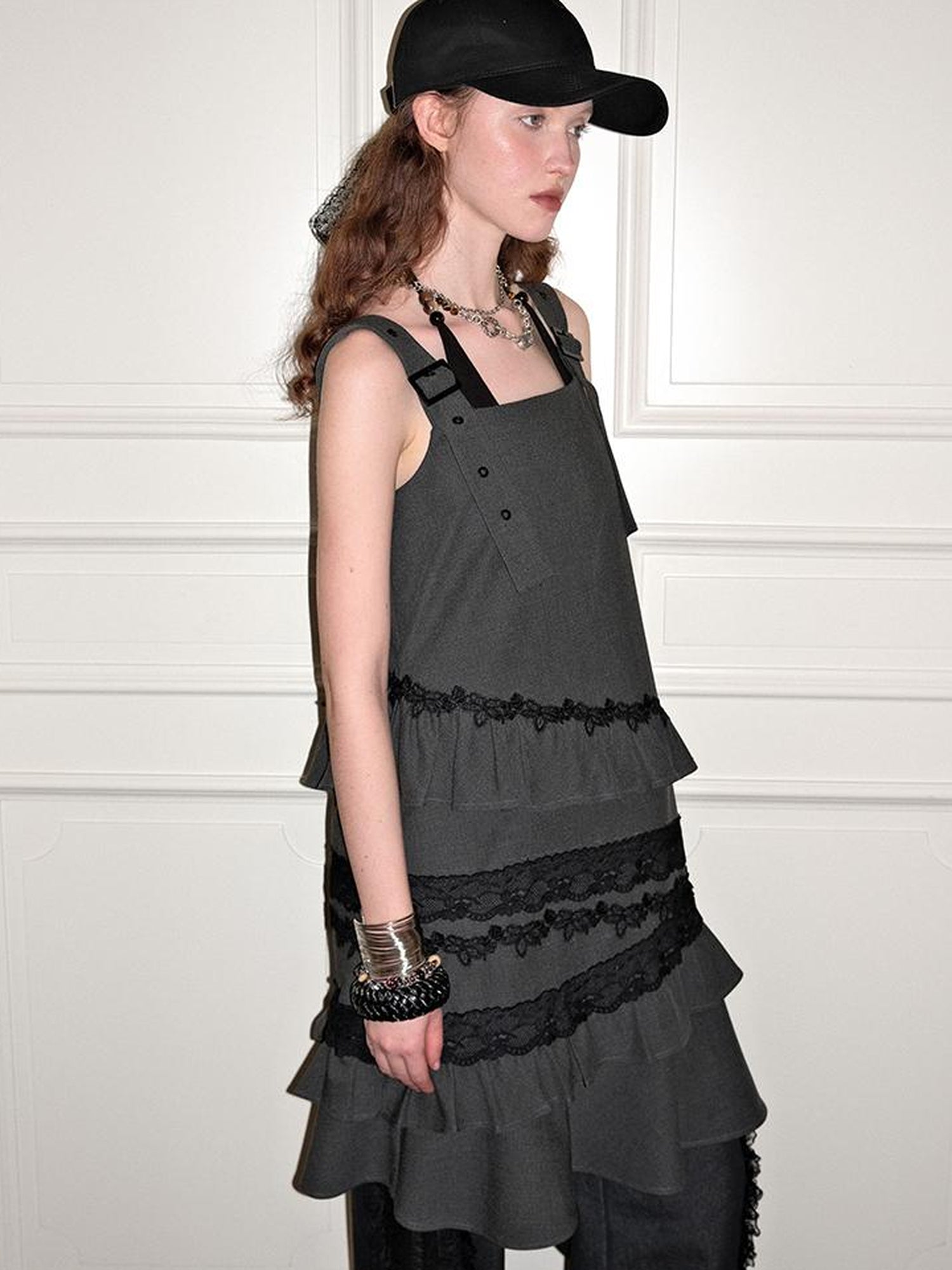 AnnoMundi Layered Lace Trim Adjustable Slip Dress V-Neck T-Shirt Long-Sleeve