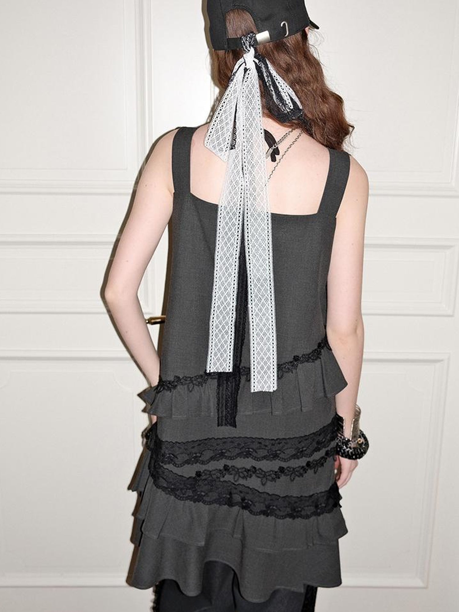 AnnoMundi Layered Lace Trim Adjustable Slip Dress V-Neck T-Shirt Long-Sleeve