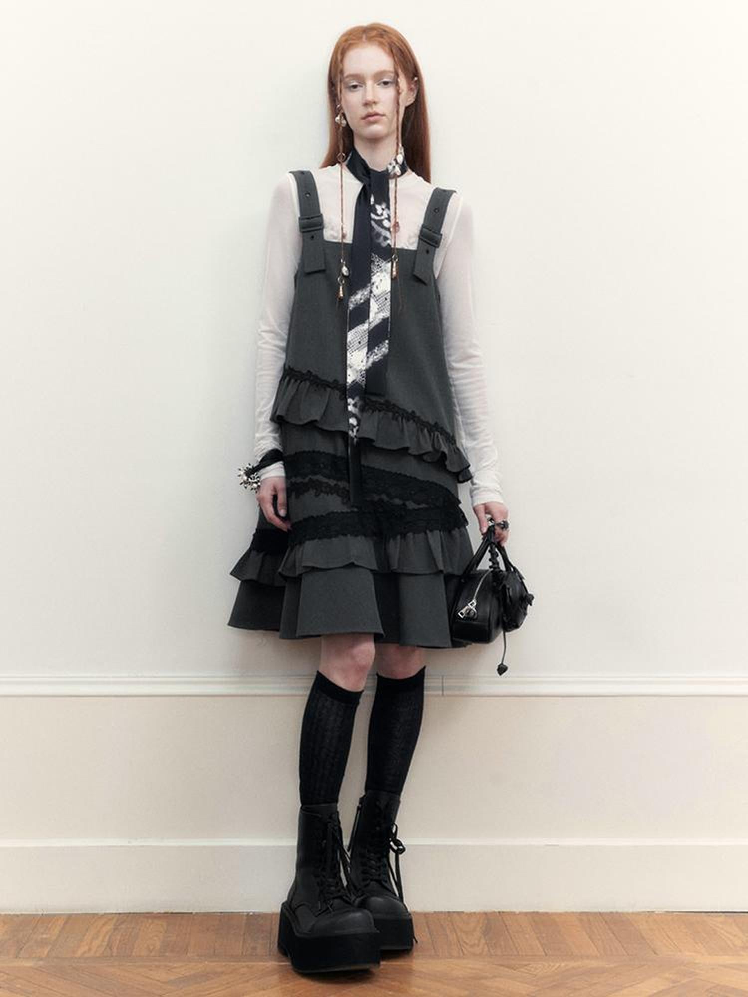 AnnoMundi Layered Lace Trim Adjustable Slip Dress V-Neck T-Shirt Long-Sleeve