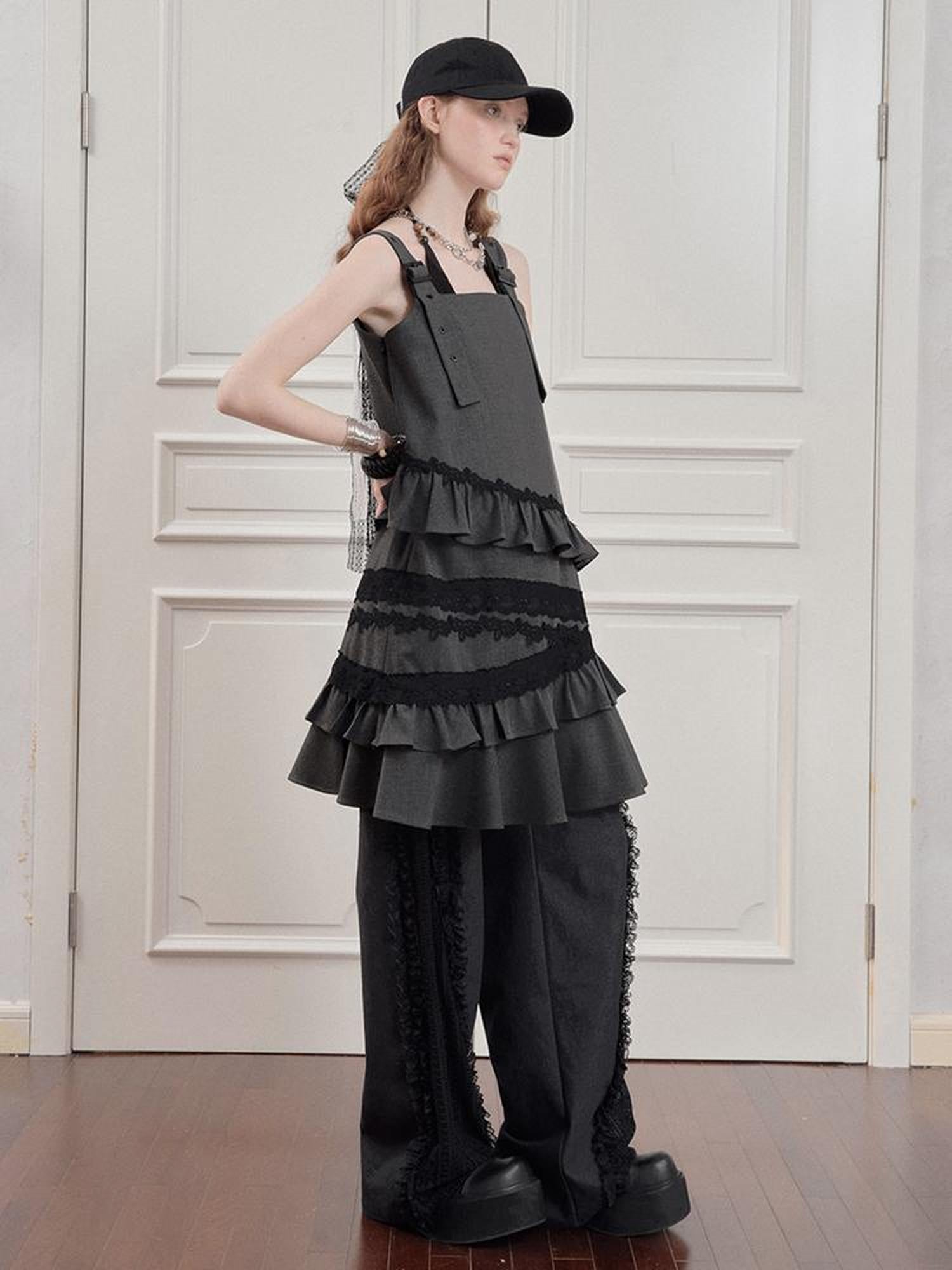 AnnoMundi Layered Lace Trim Adjustable Slip Dress V-Neck T-Shirt Long-Sleeve