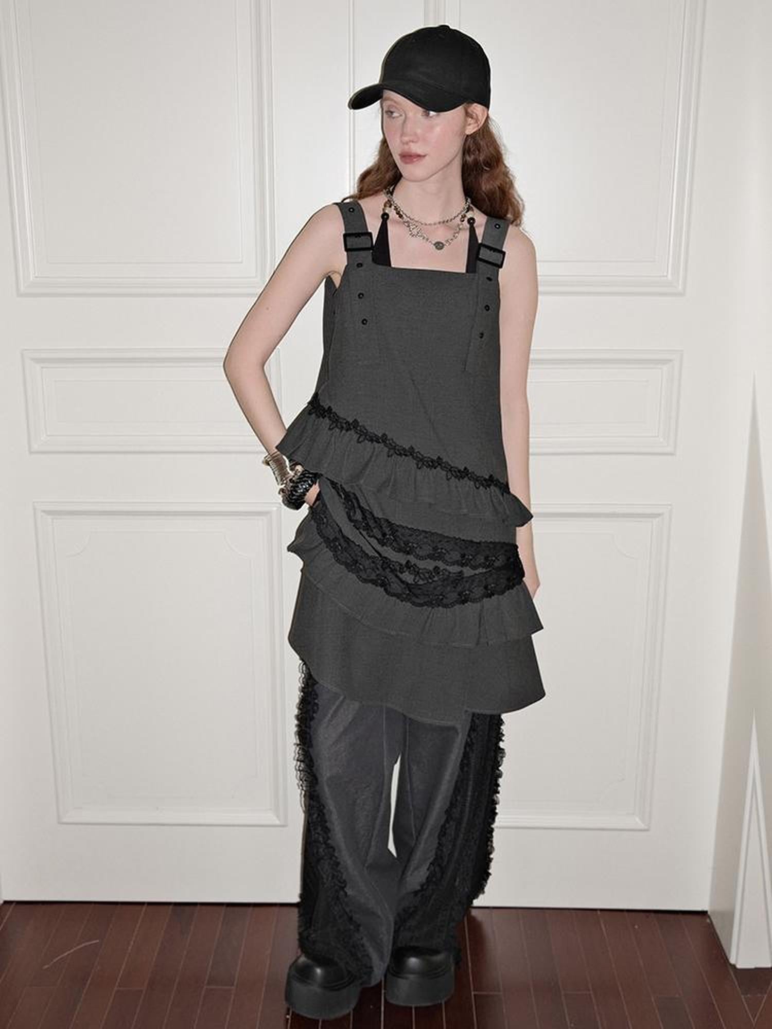 AnnoMundi Layered Lace Trim Adjustable Slip Dress V-Neck T-Shirt Long-Sleeve