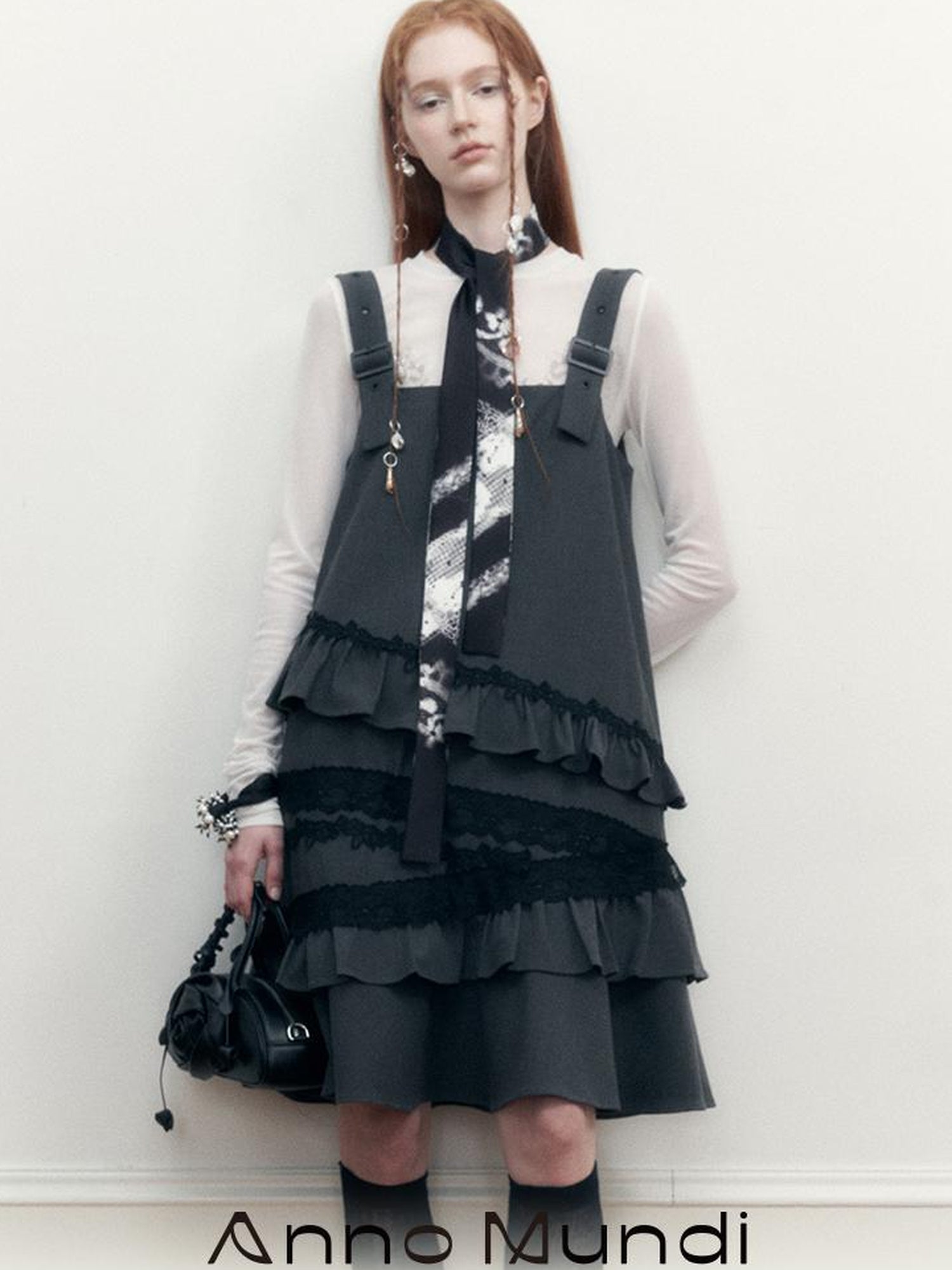 AnnoMundi Layered Lace Trim Adjustable Slip Dress V-Neck T-Shirt Long-Sleeve