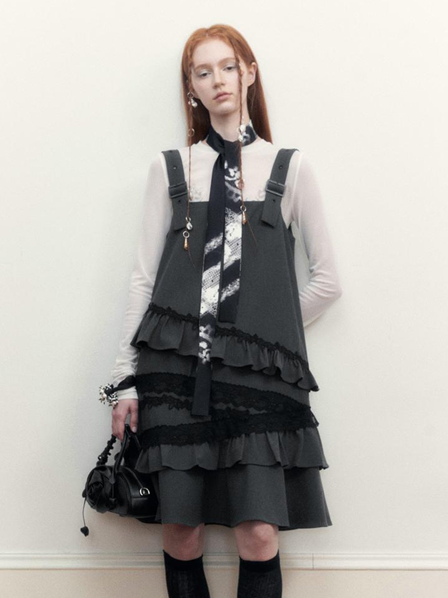 AnnoMundi Layered Lace Trim Adjustable Slip Dress V-Neck T-Shirt Long-Sleeve