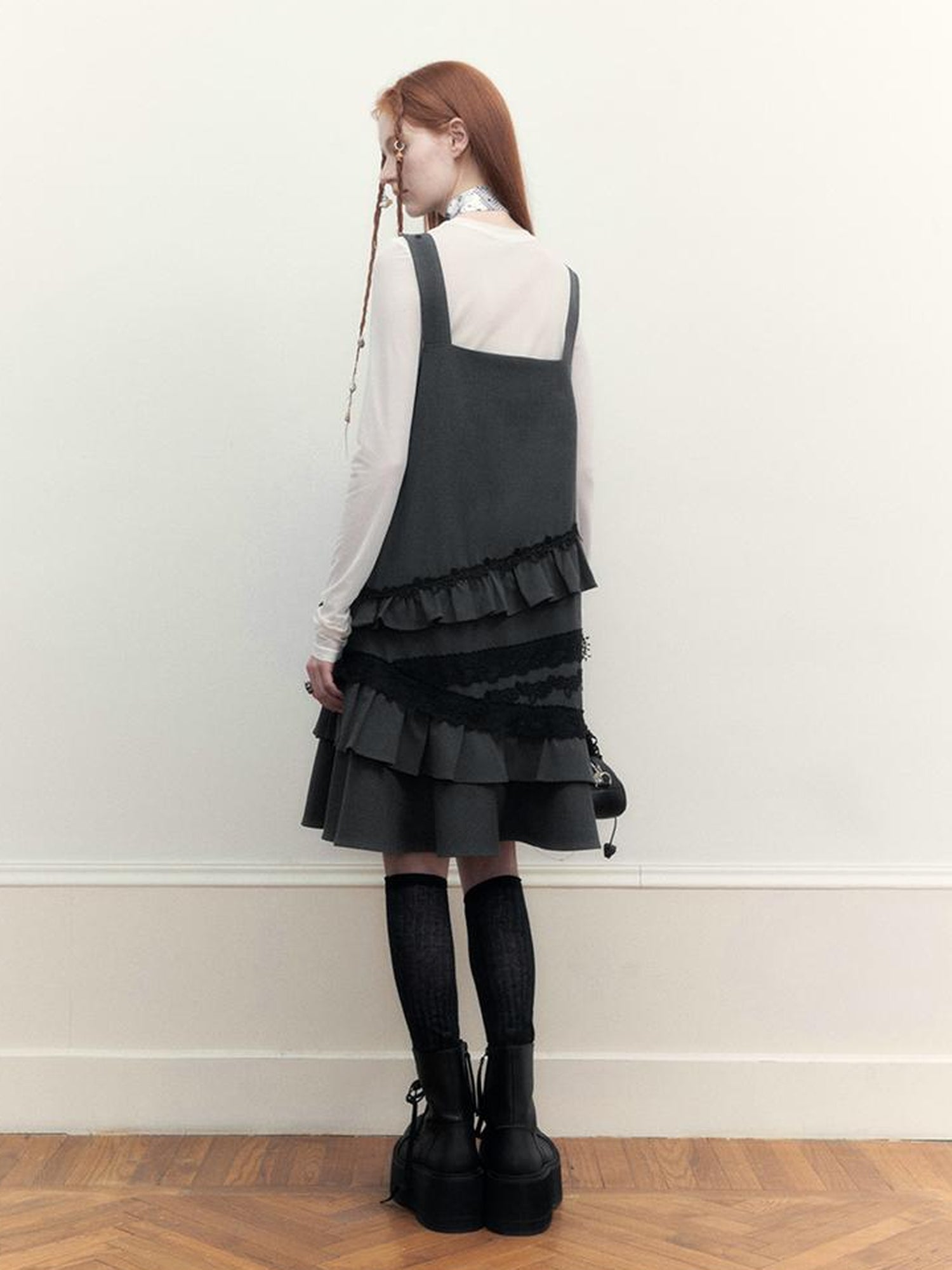 AnnoMundi Layered Lace Trim Adjustable Slip Dress V-Neck T-Shirt Long-Sleeve