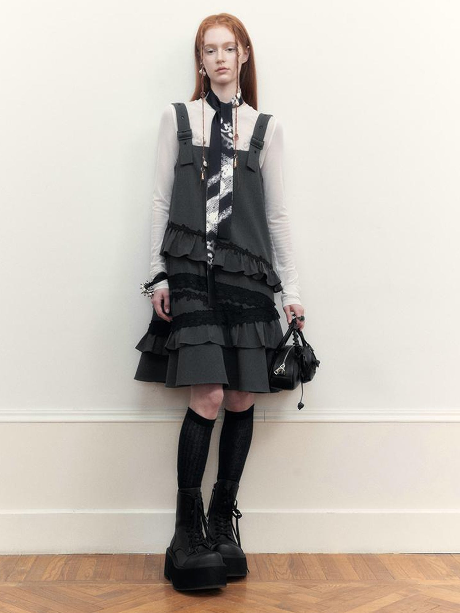 AnnoMundi Layered Lace Trim Adjustable Slip Dress V-Neck T-Shirt Long-Sleeve