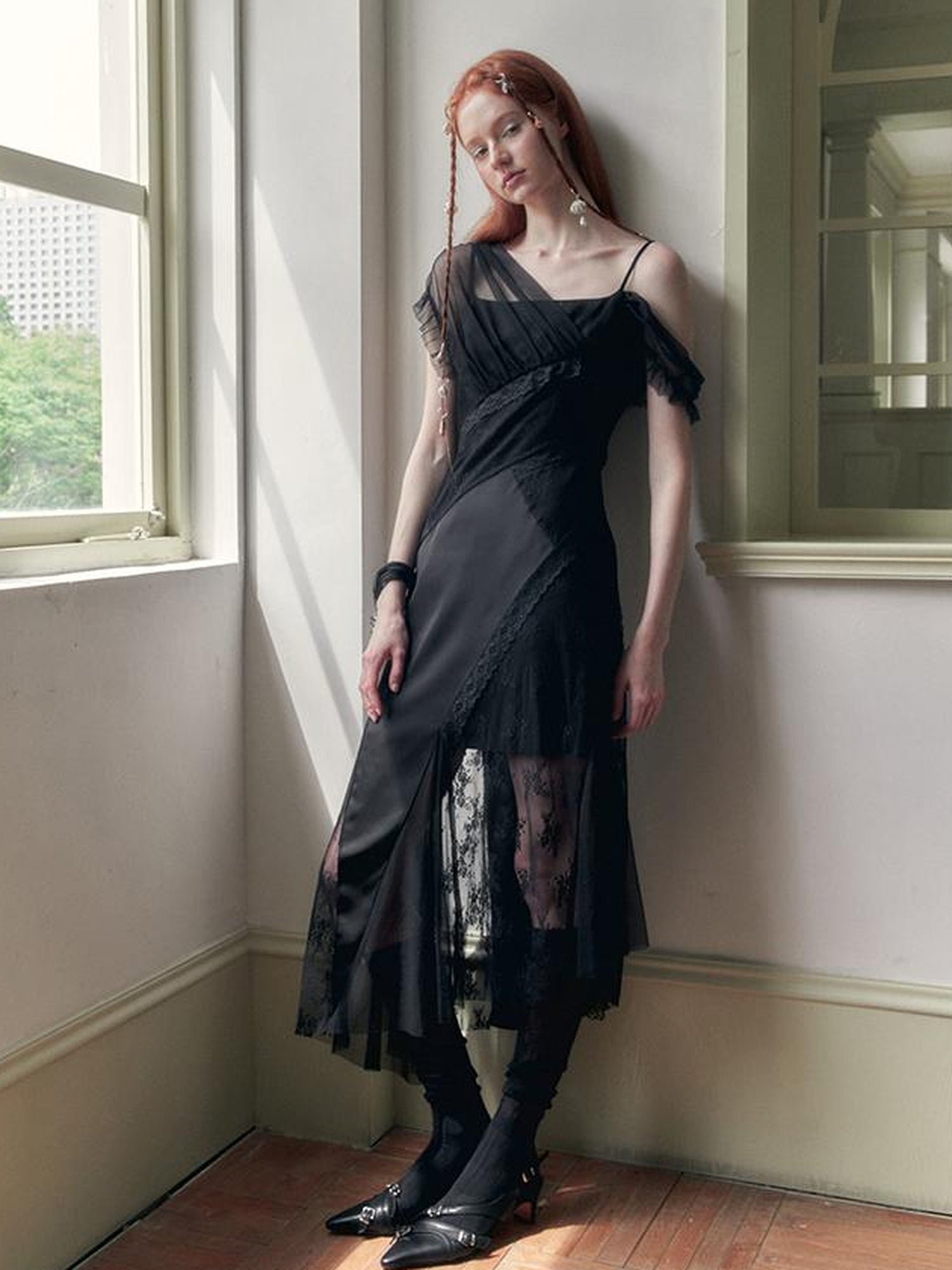 AnnoMundi Layered Lace Trimmed Sheer Maxi Dress