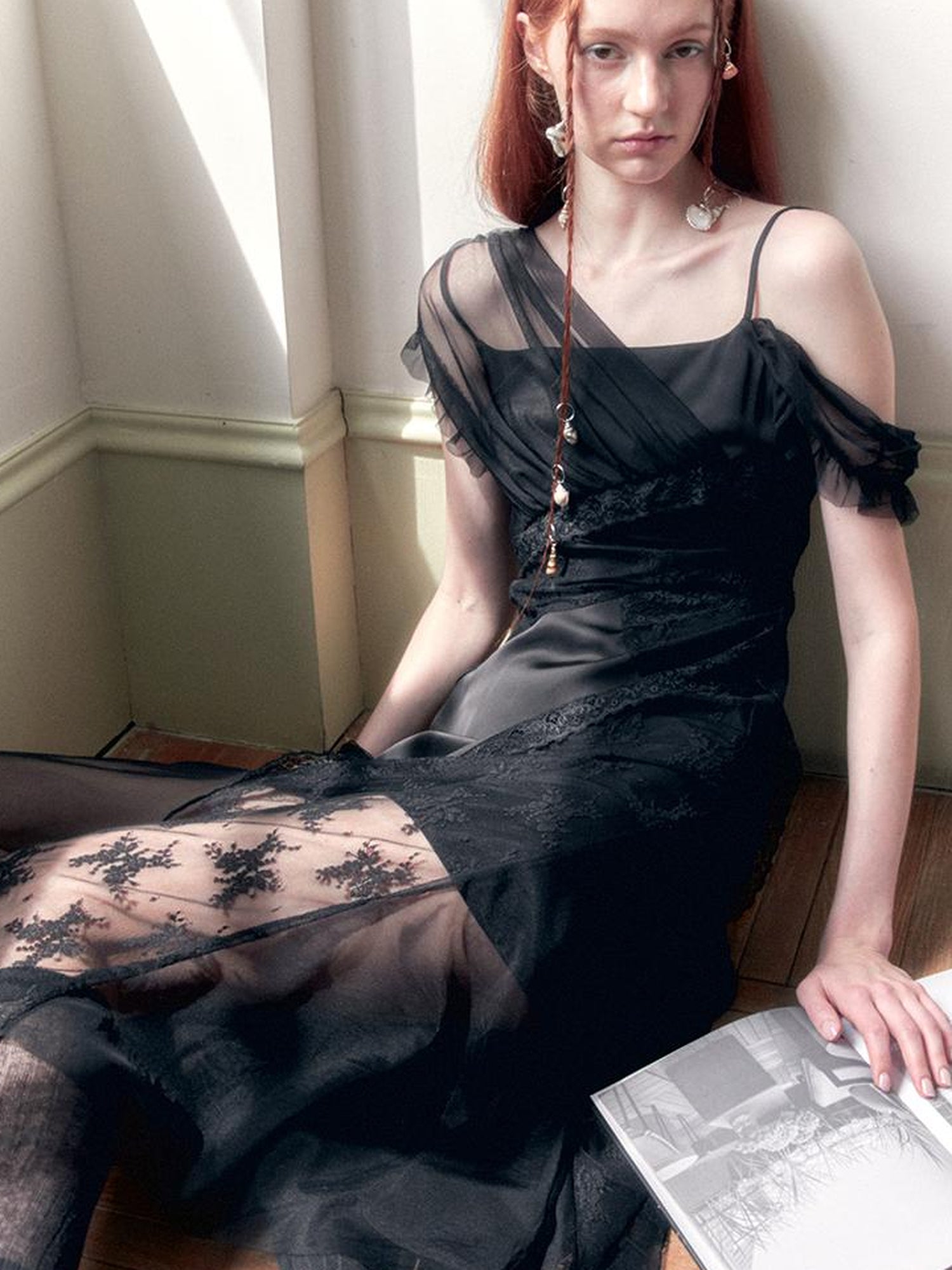 AnnoMundi Layered Lace Trimmed Sheer Maxi Dress