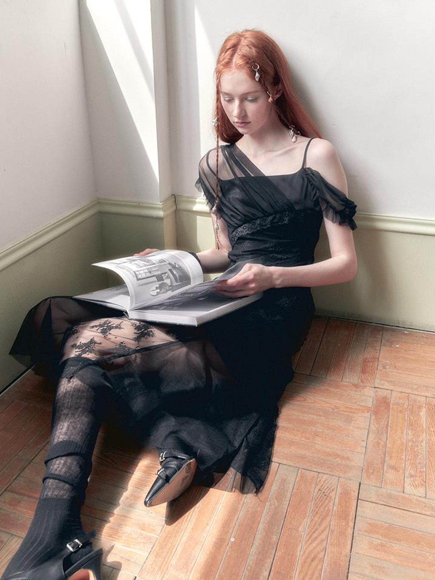 AnnoMundi Layered Lace Trimmed Sheer Maxi Dress