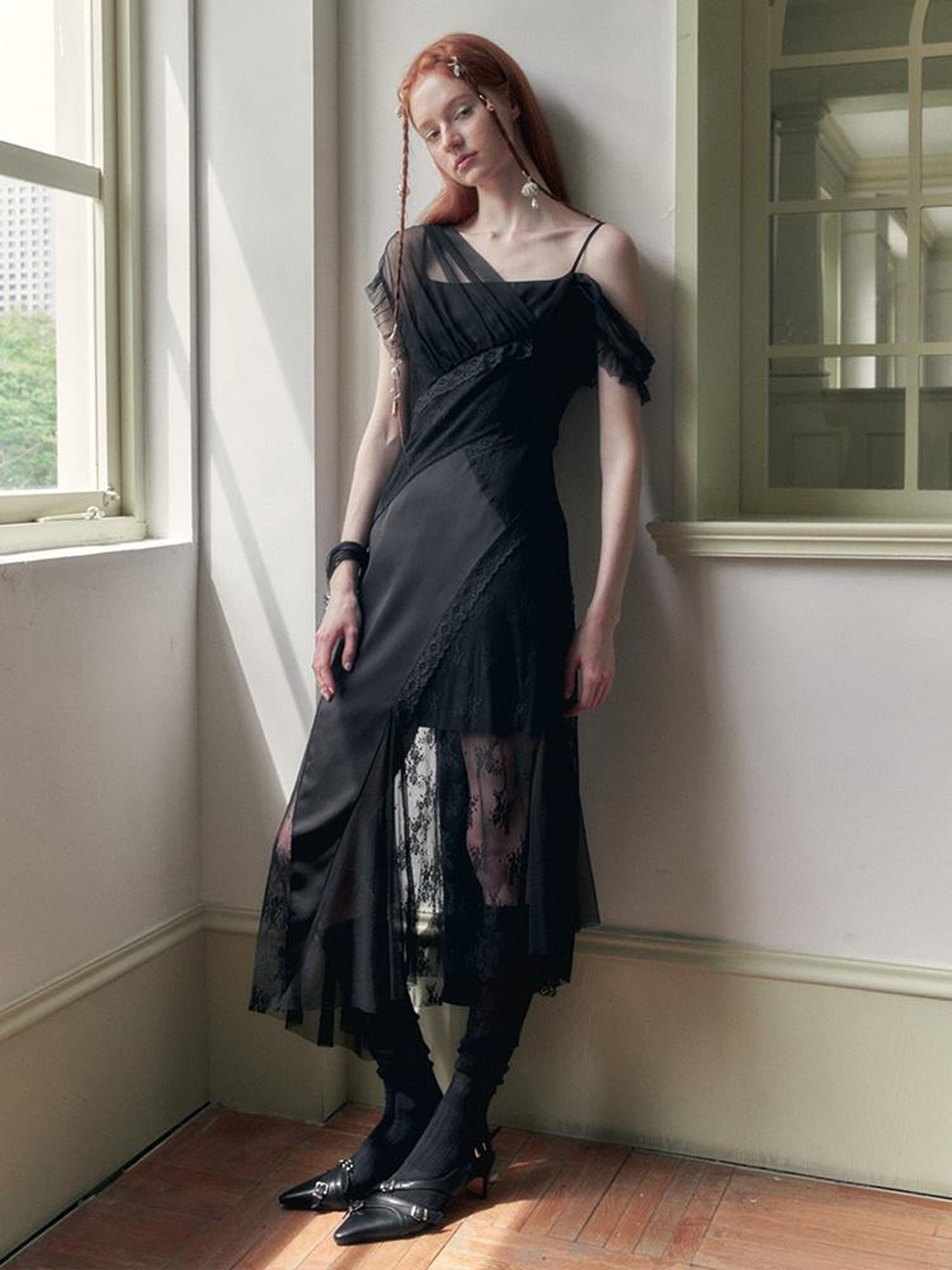 AnnoMundi Layered Lace Trimmed Sheer Maxi Dress