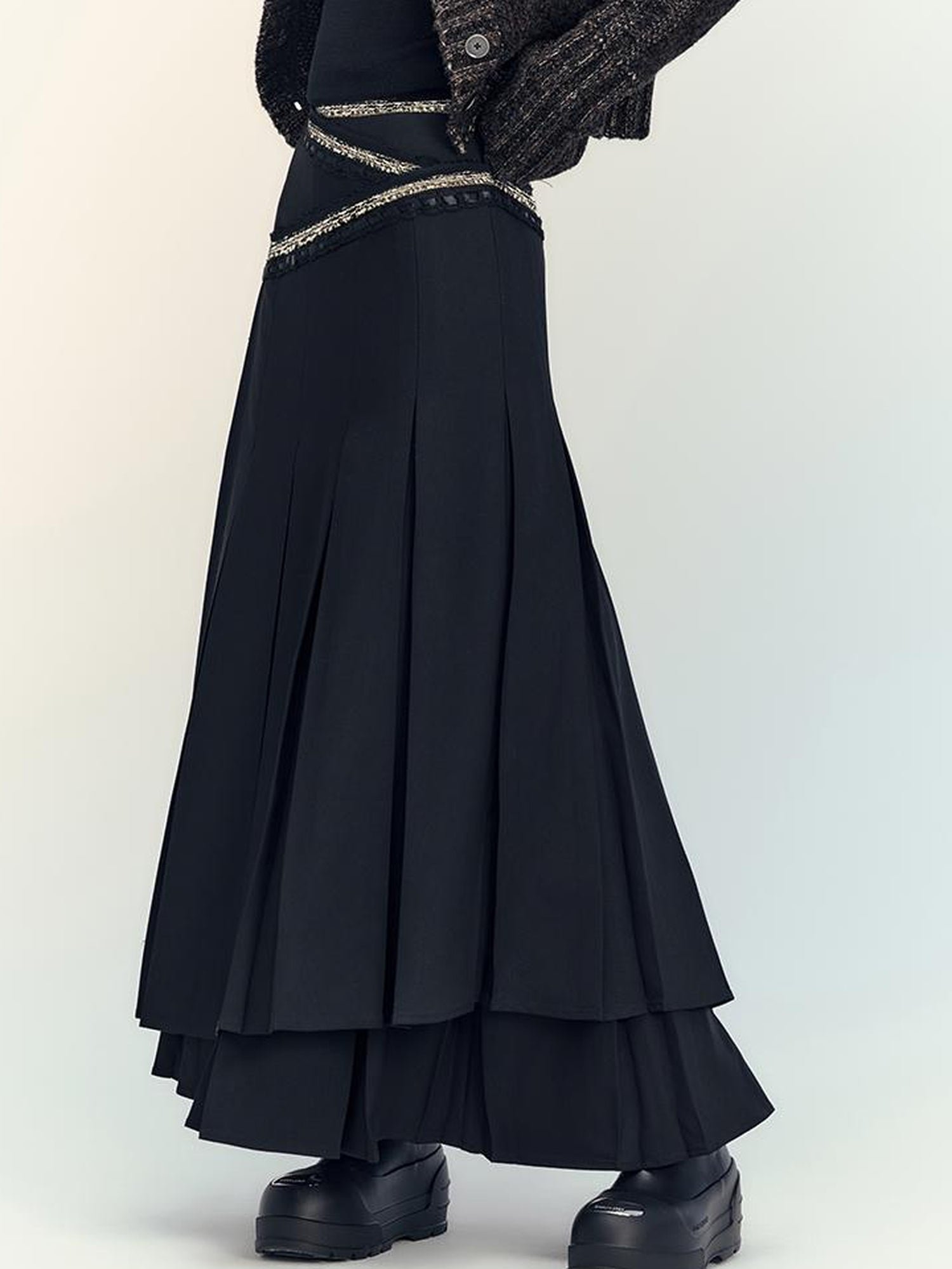 AnnoMundi Layered Pleated Midi Skirt High Waist A Line Black