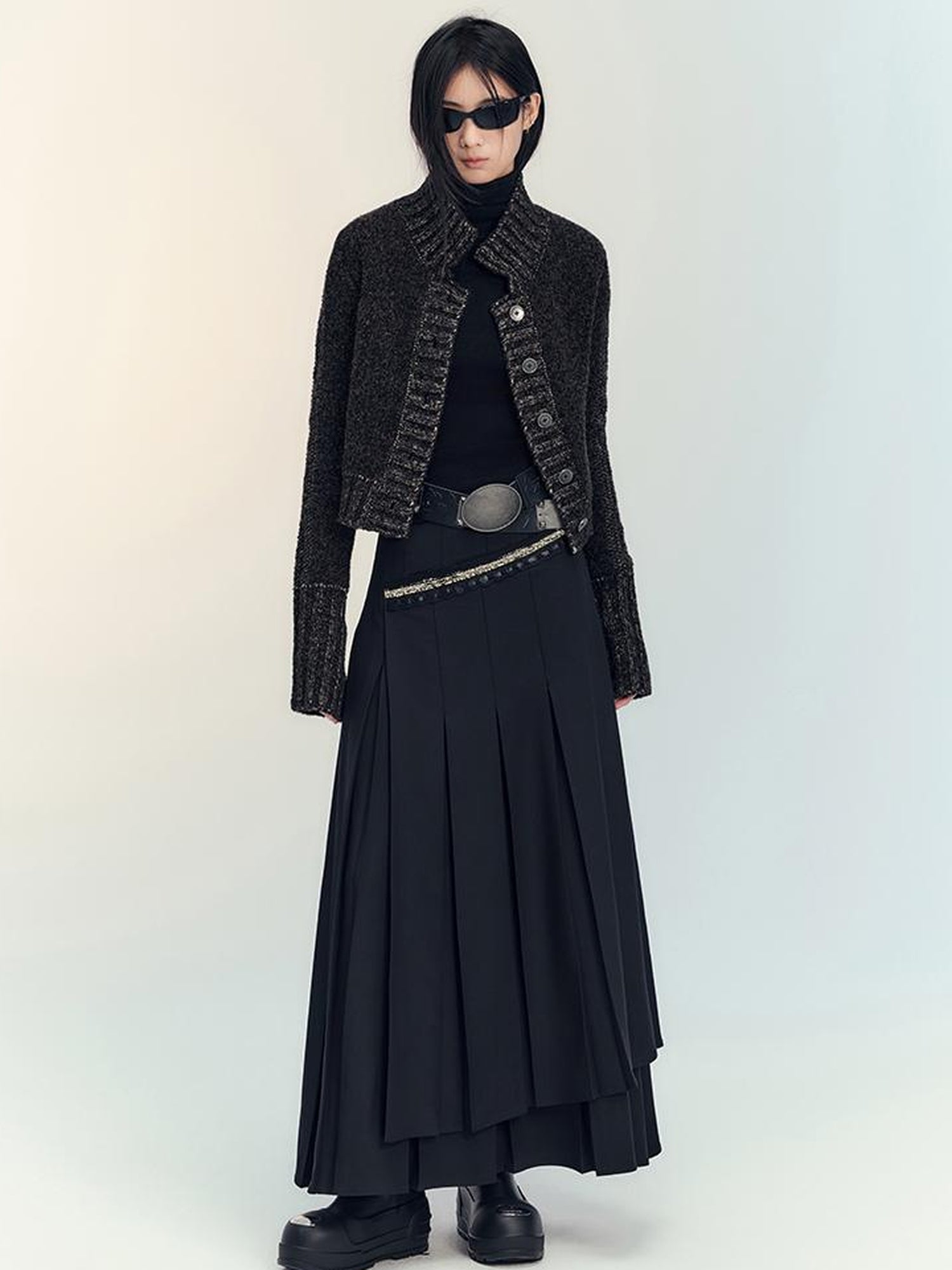 AnnoMundi Layered Pleated Midi Skirt High Waist A Line Black