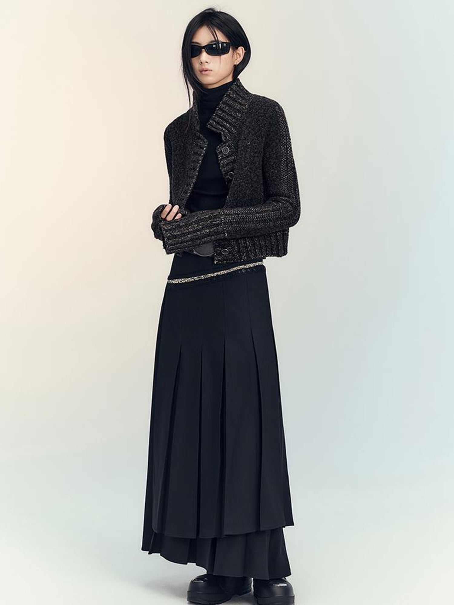 AnnoMundi Layered Pleated Midi Skirt High Waist A Line Black