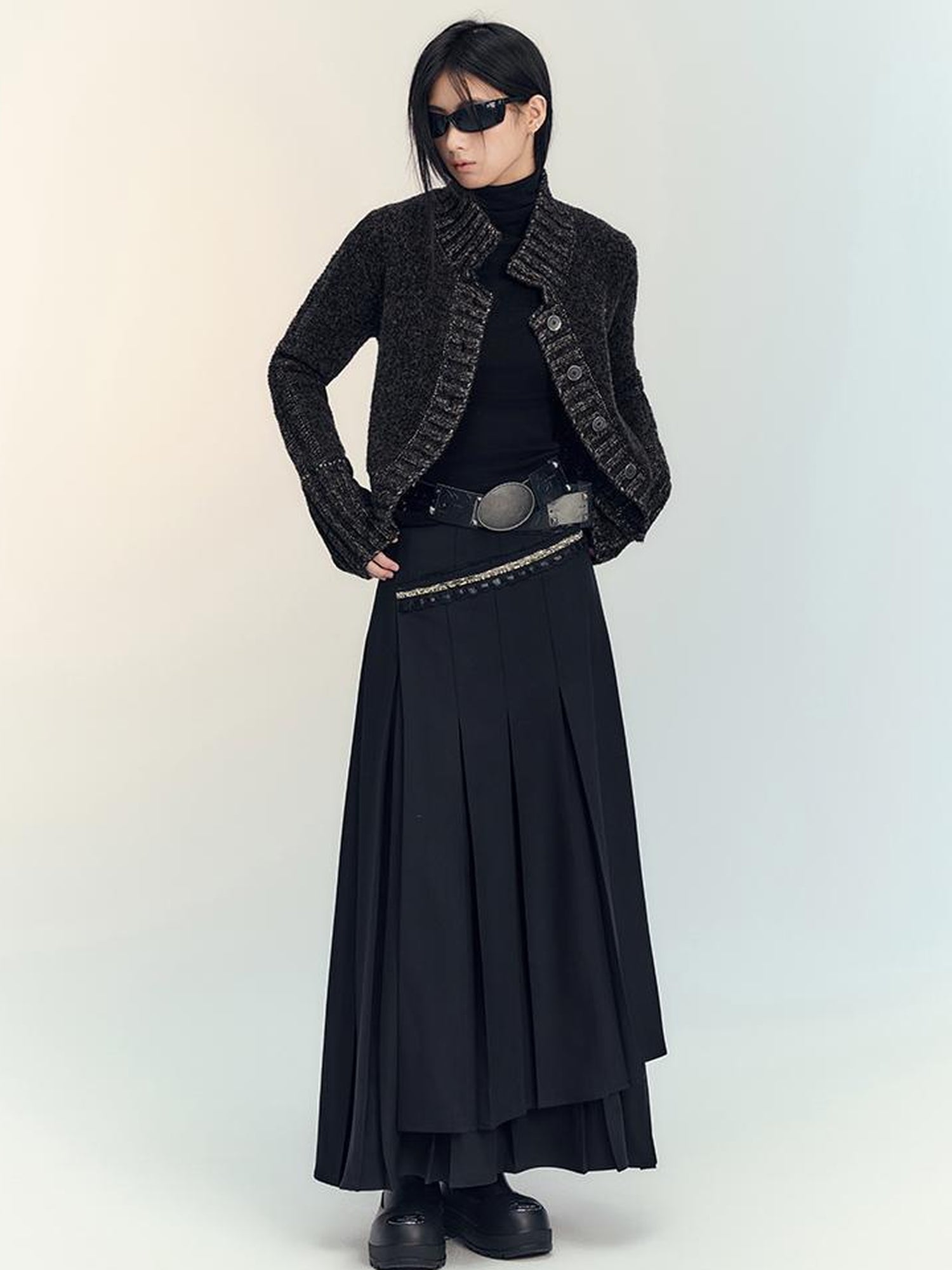 AnnoMundi Layered Pleated Midi Skirt High Waist A Line Black