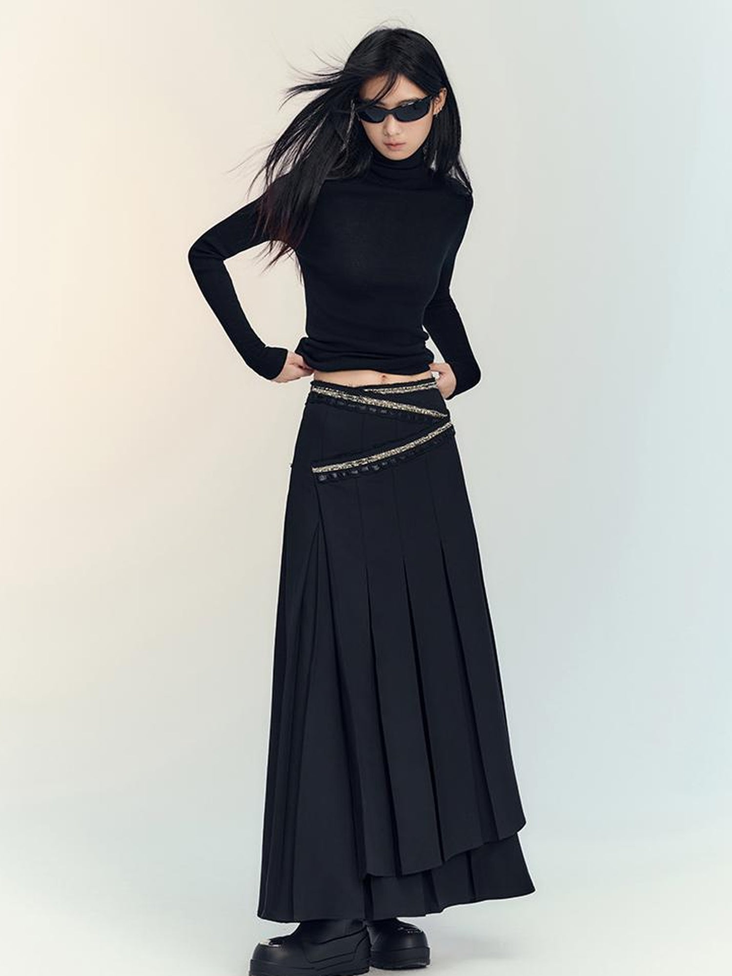 AnnoMundi Layered Pleated Midi Skirt High Waist A Line Black