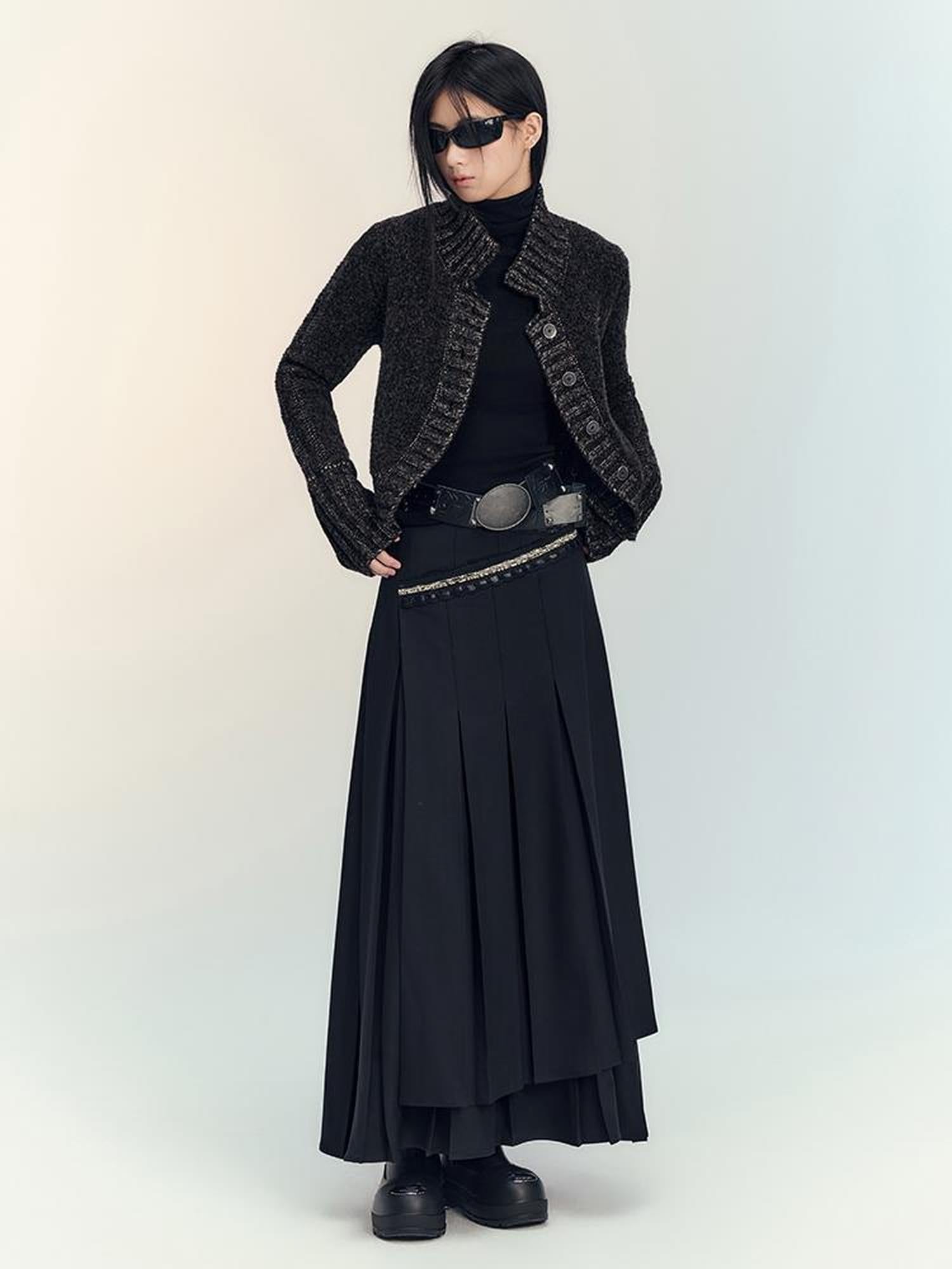 AnnoMundi Layered Pleated Midi Skirt High Waist A Line Black