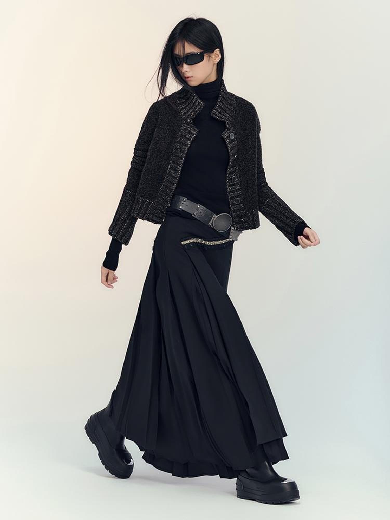 AnnoMundi Layered Pleated Midi Skirt High Waist A Line Black