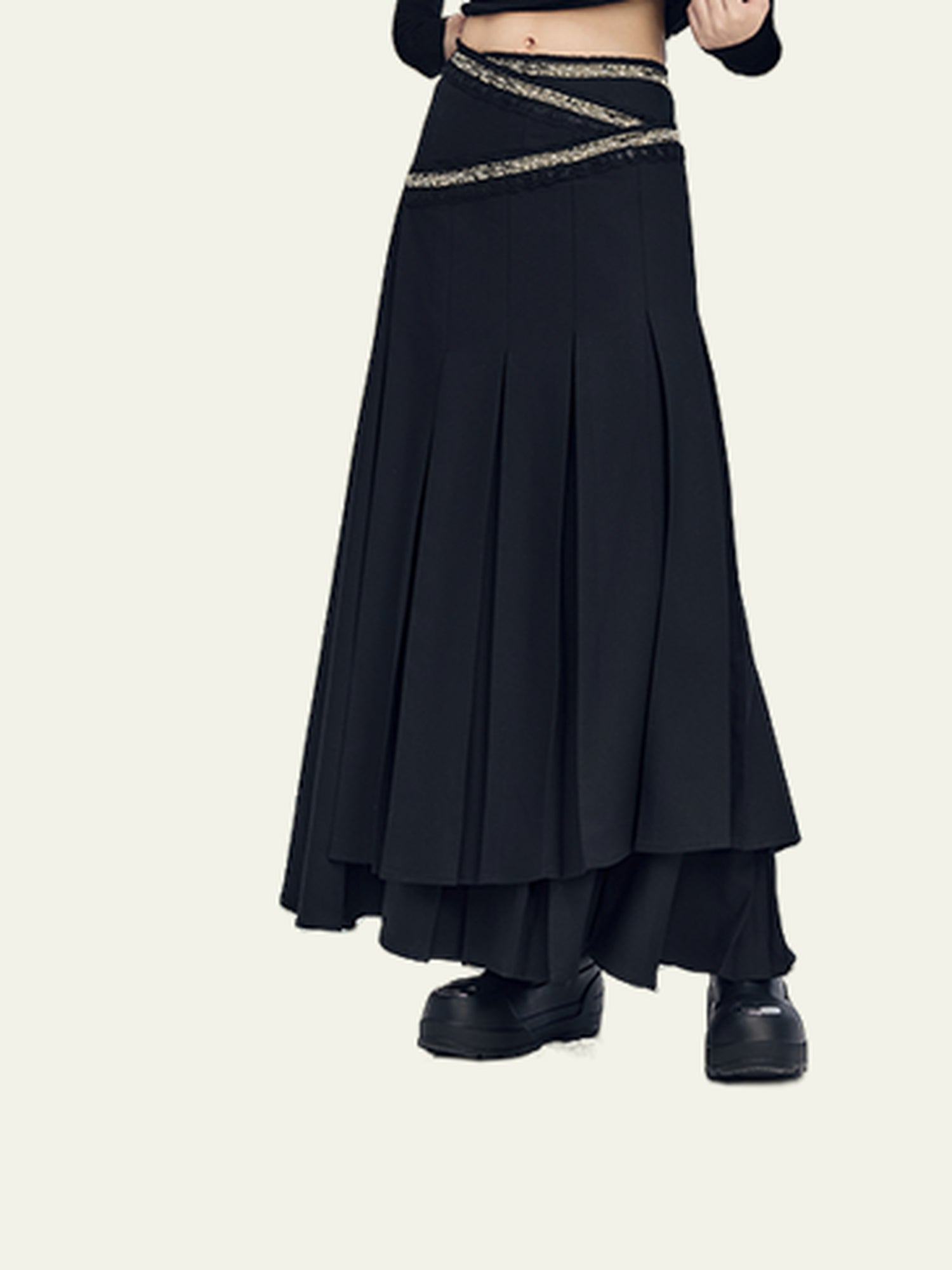 AnnoMundi Layered Pleated Midi Skirt High Waist A Line Black