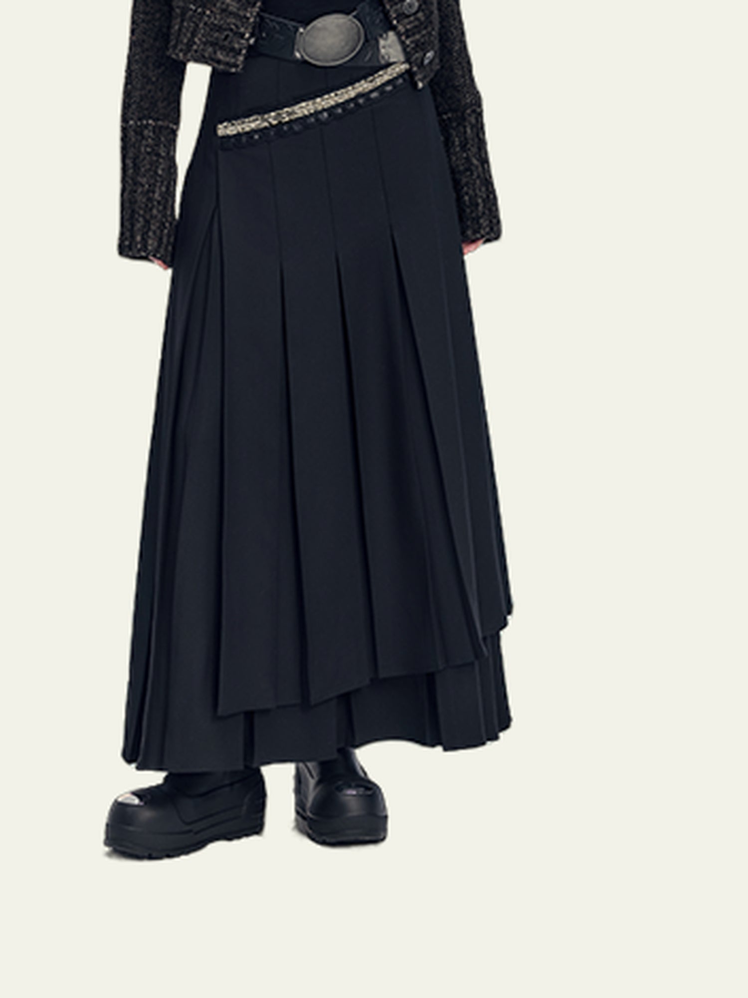 AnnoMundi Layered Pleated Midi Skirt High Waist A Line Black