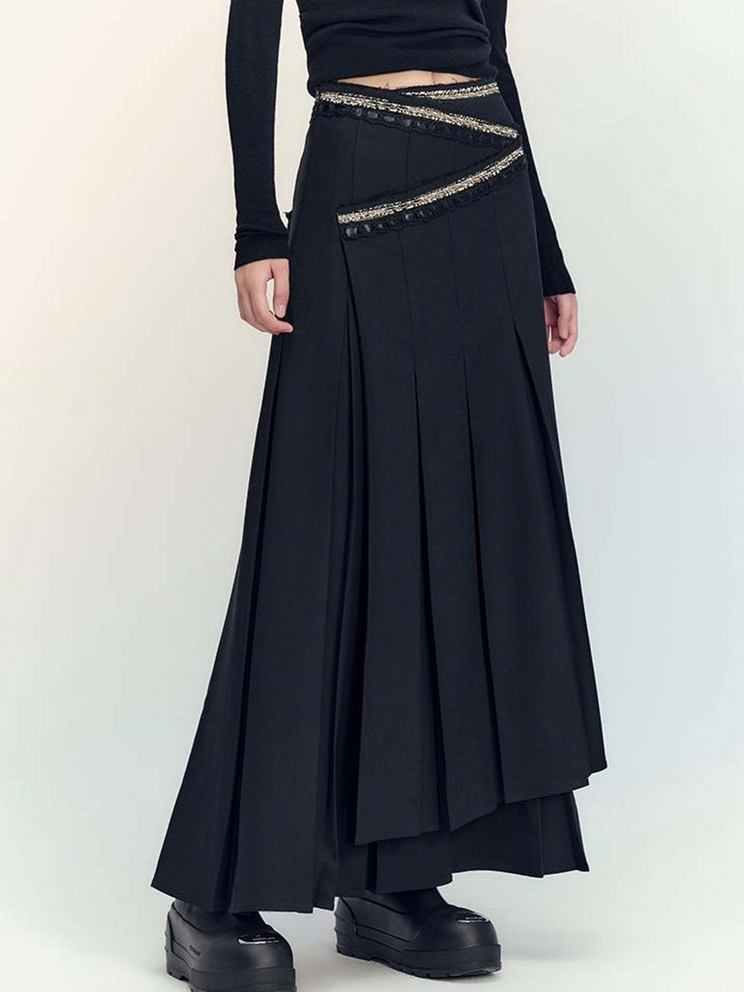 AnnoMundi Layered Pleated Midi Skirt High Waist A Line Black