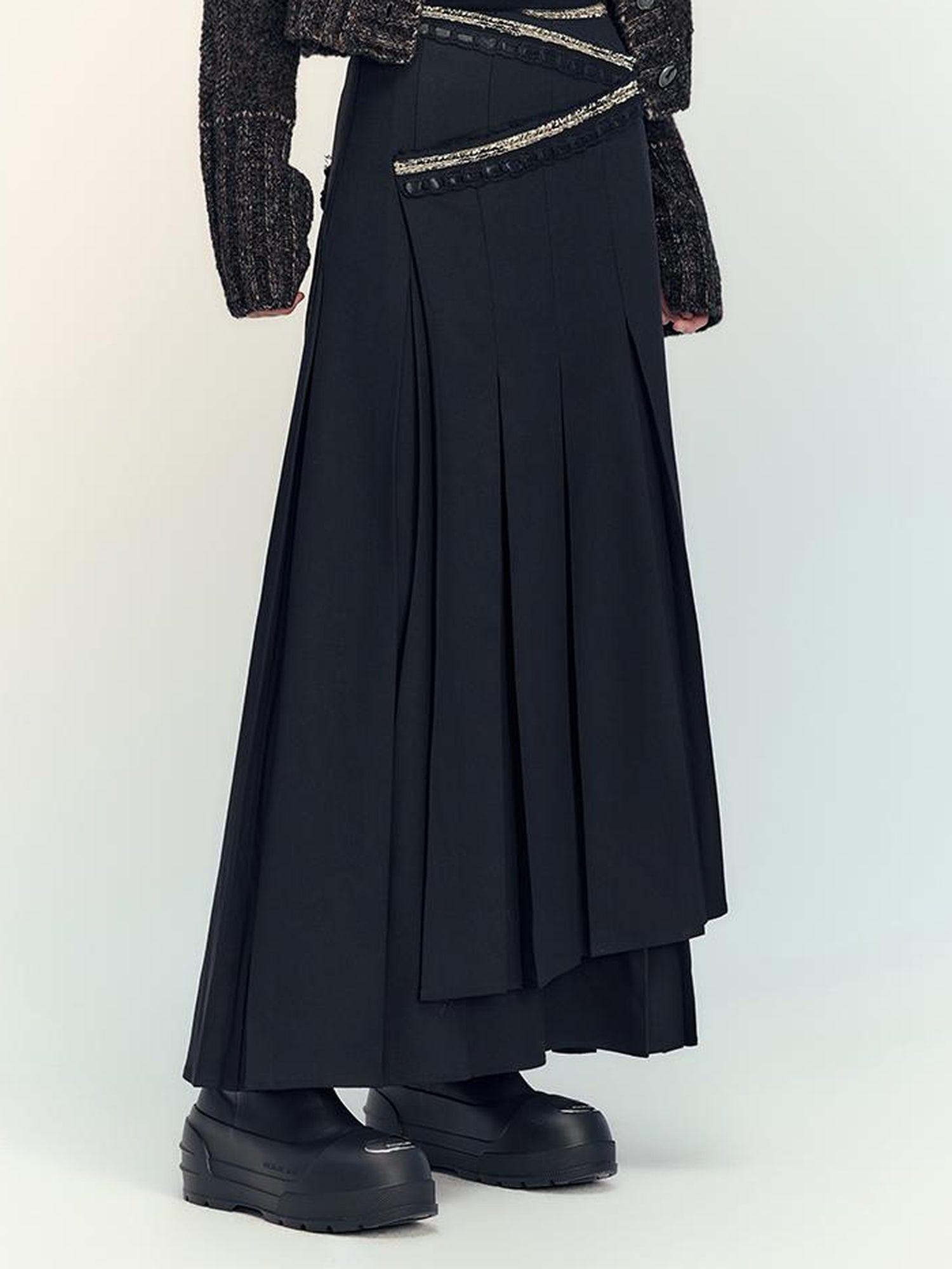 AnnoMundi Layered Pleated Midi Skirt High Waist A Line Black