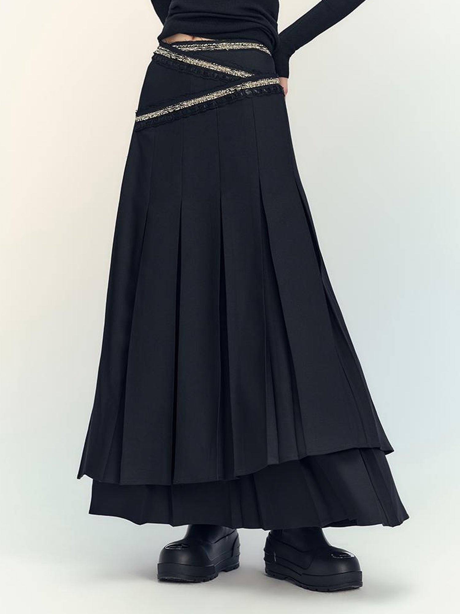AnnoMundi Layered Pleated Midi Skirt High Waist A Line Black