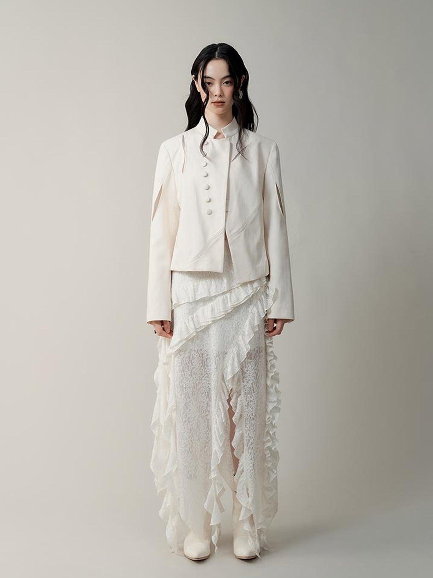 AnnoMundi Layered Romance Irregular White Midi Skirt