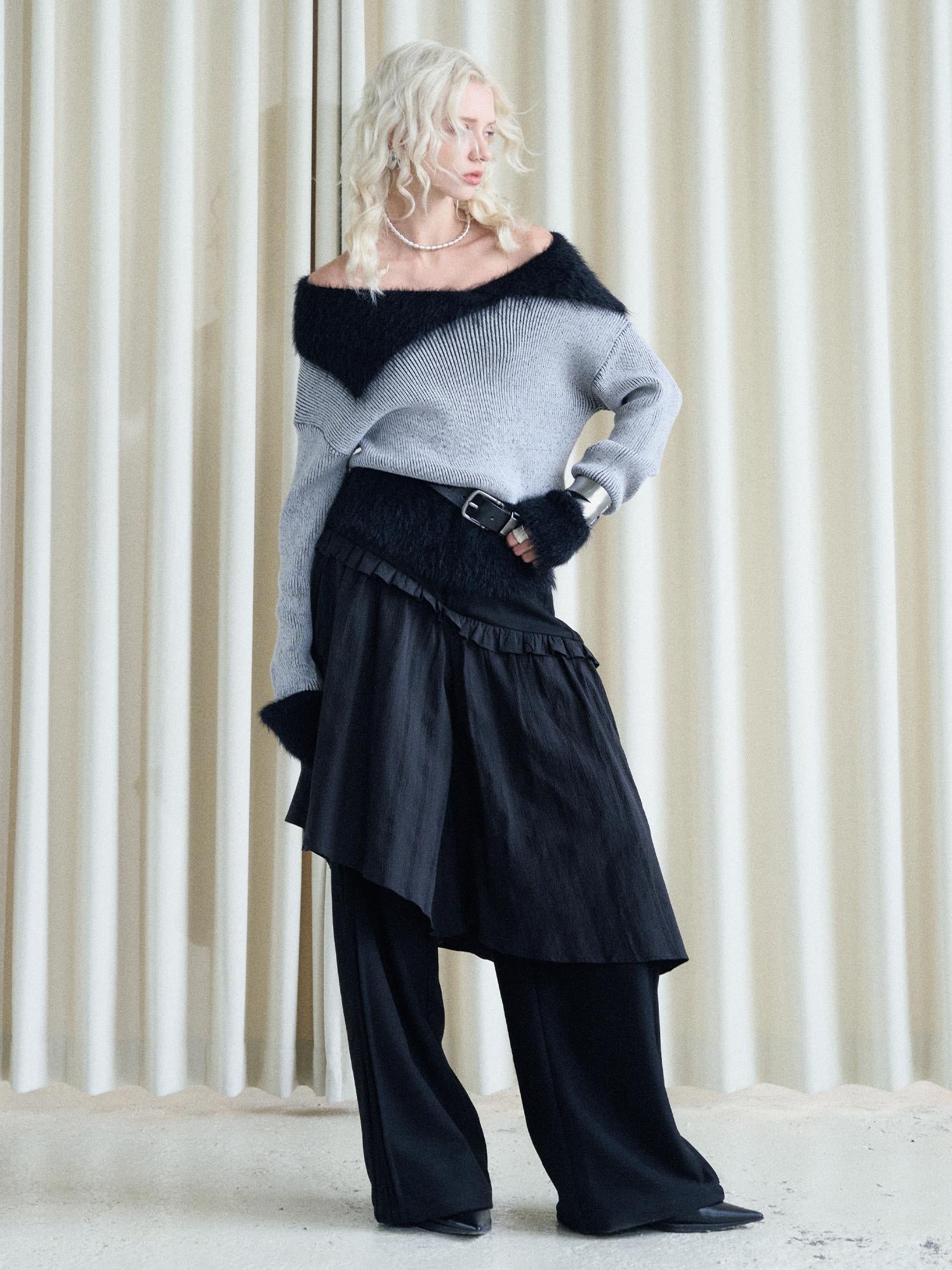AnnoMundi Lazy Drape Long Hair Faux Mink Trimmed Knit Sweater