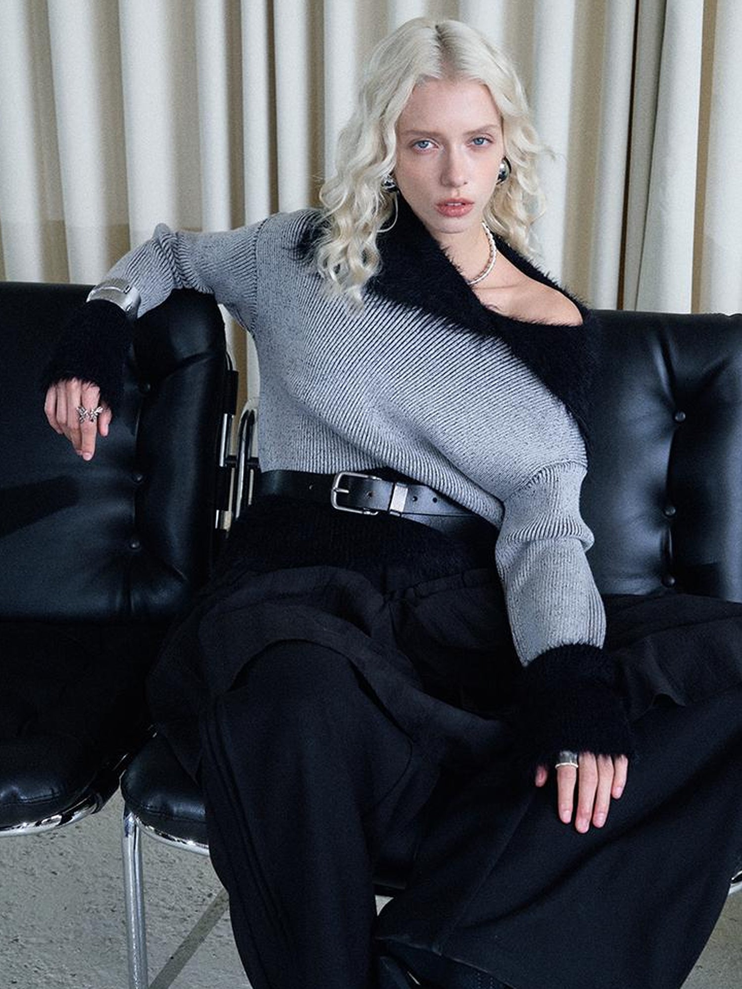 AnnoMundi Lazy Drape Long Hair Faux Mink Trimmed Knit Sweater