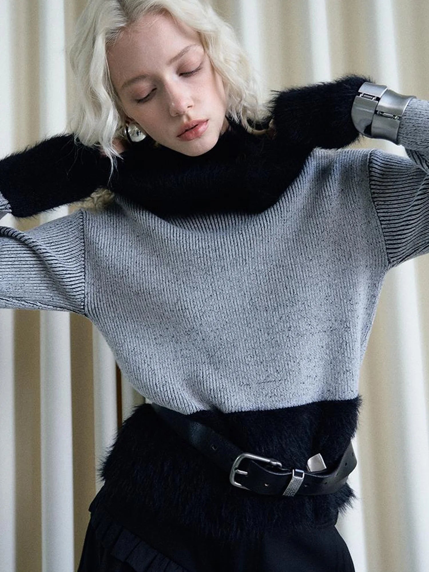 Lazy Drape Long Hair Faux Mink Trimmed Knit Sweater