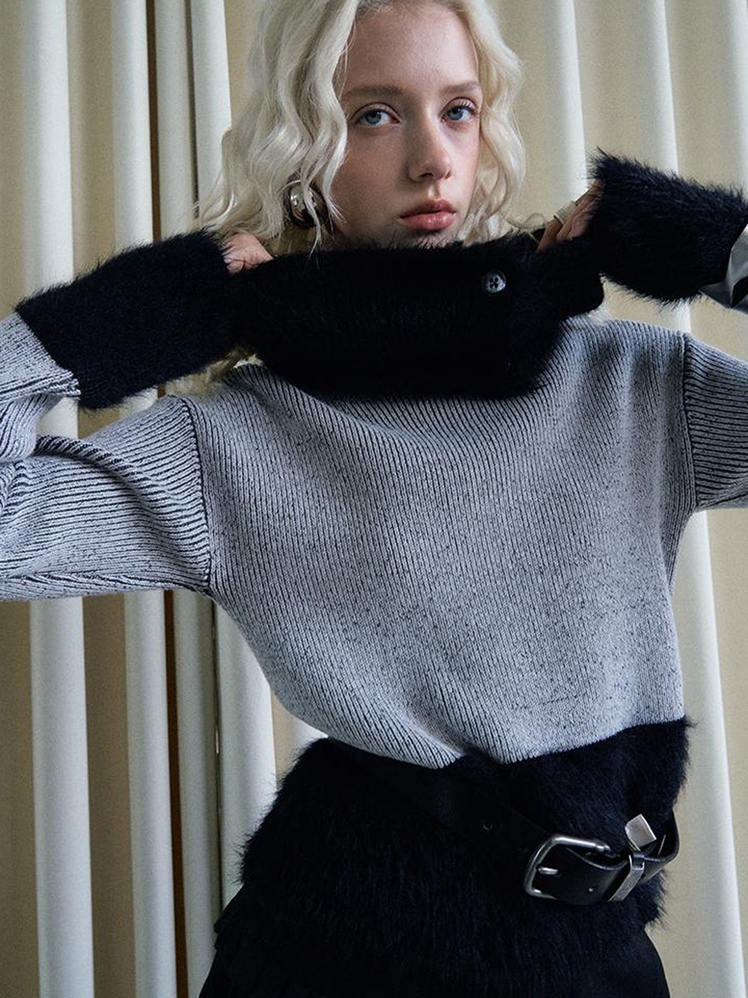 AnnoMundi Lazy Drape Long Hair Faux Mink Trimmed Knit Sweater