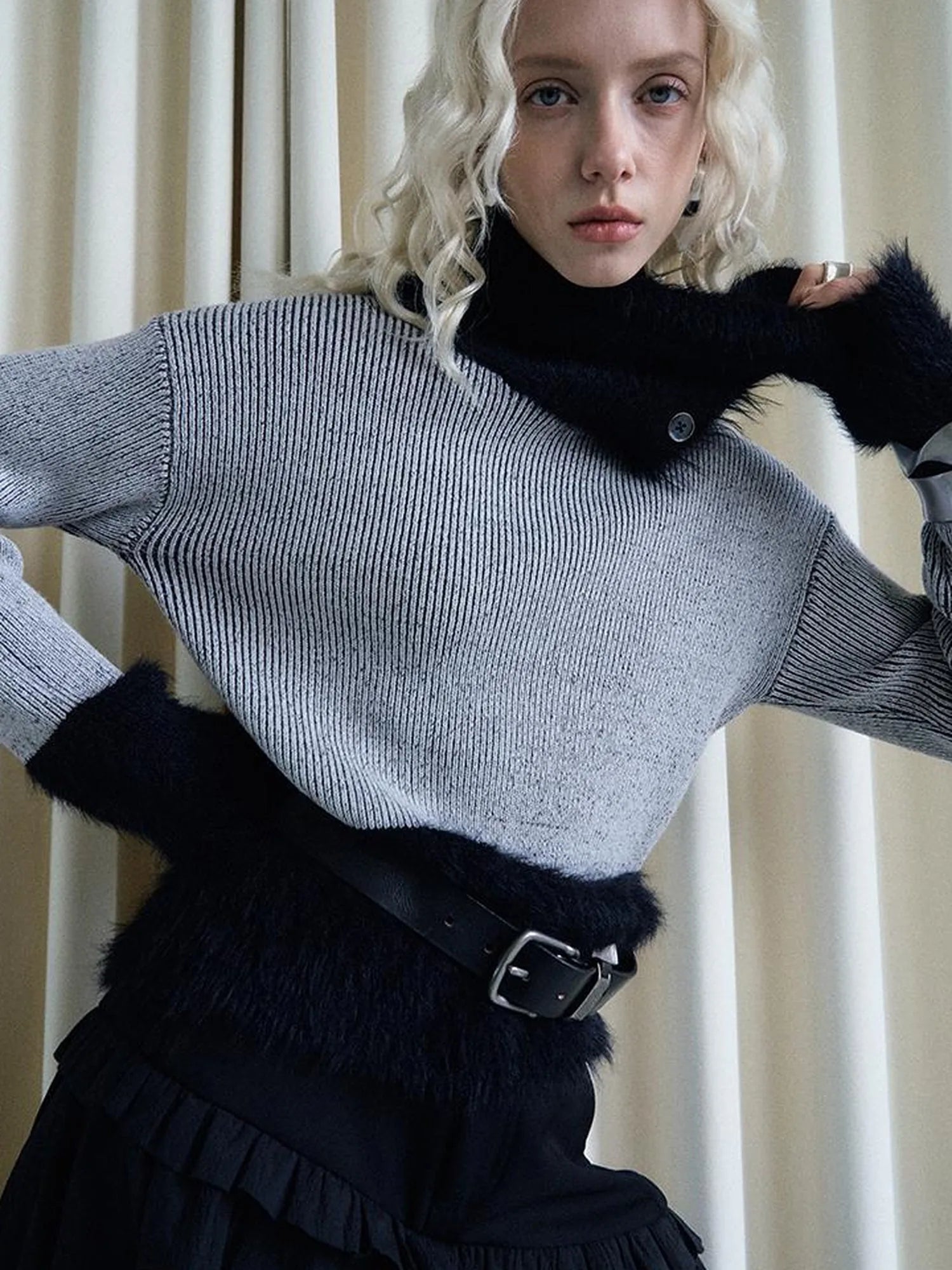 Lazy Drape Long Hair Faux Mink Trimmed Knit Sweater