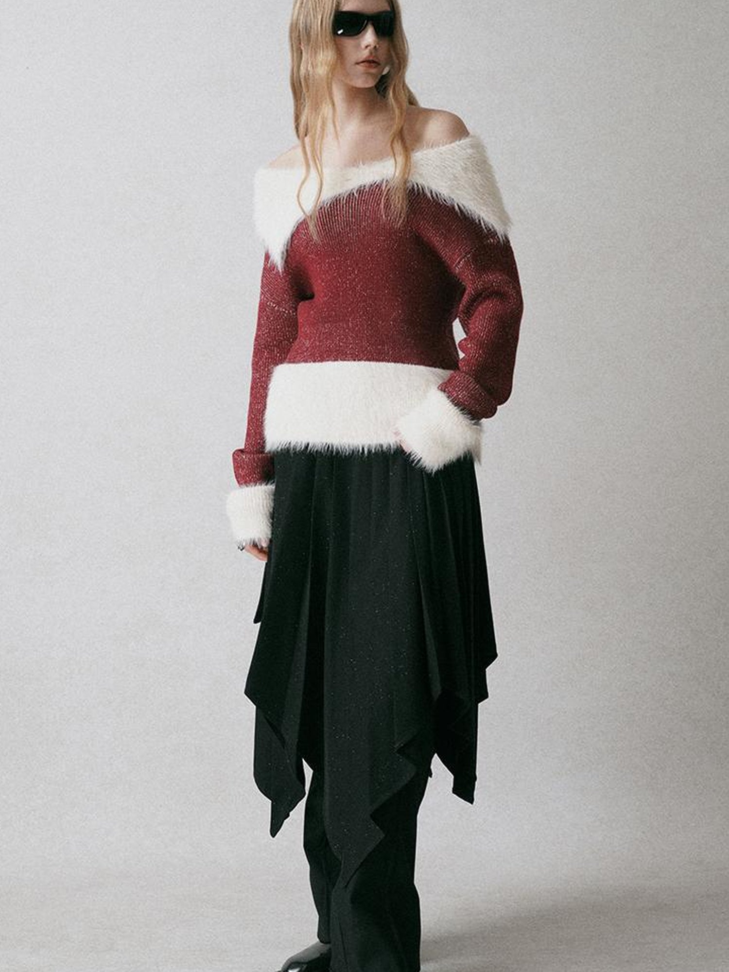 AnnoMundi Lazy Drape Long Hair Faux Mink Trimmed Knit Sweater