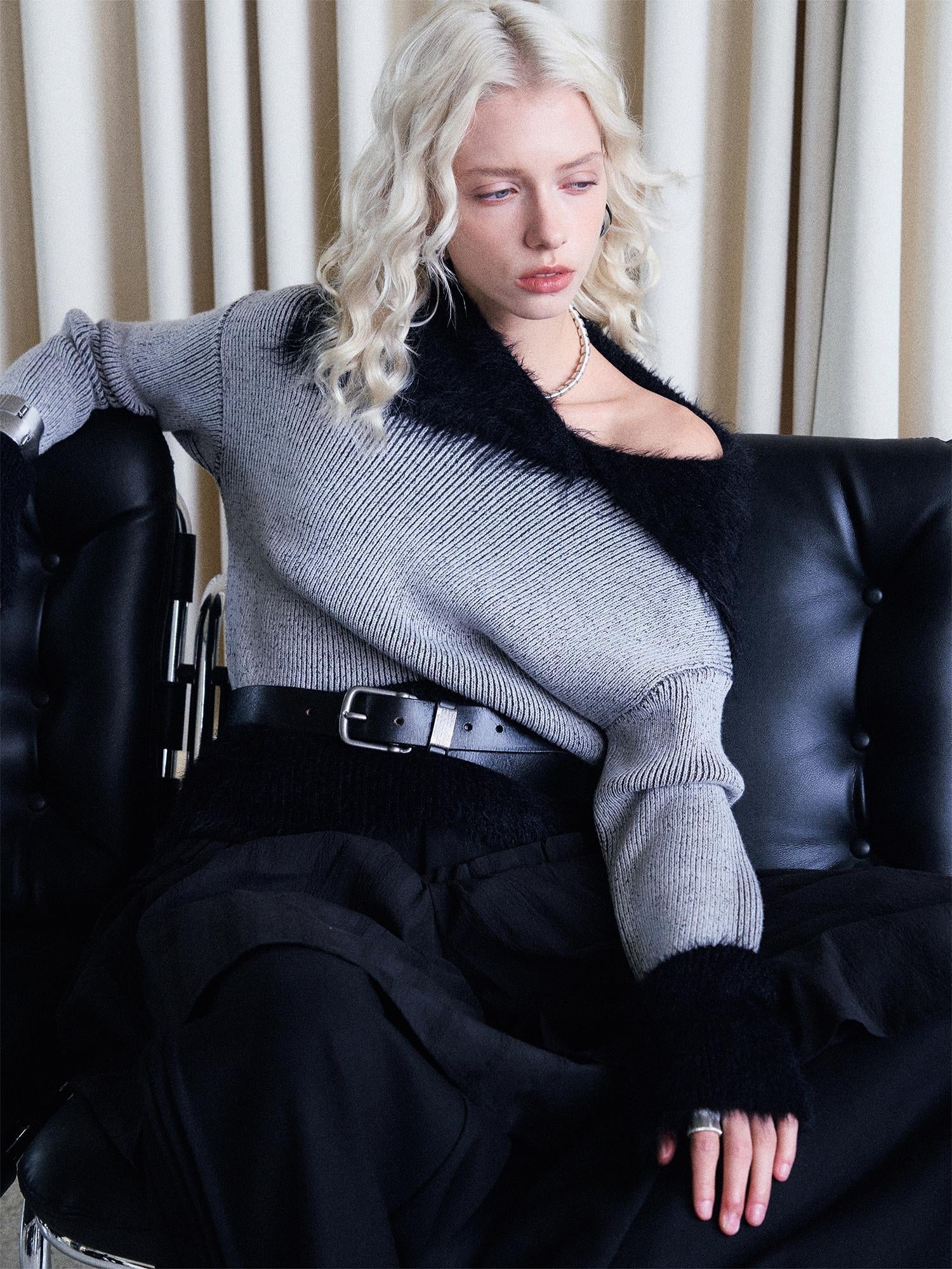 AnnoMundi Lazy Drape Long Hair Faux Mink Trimmed Knit Sweater